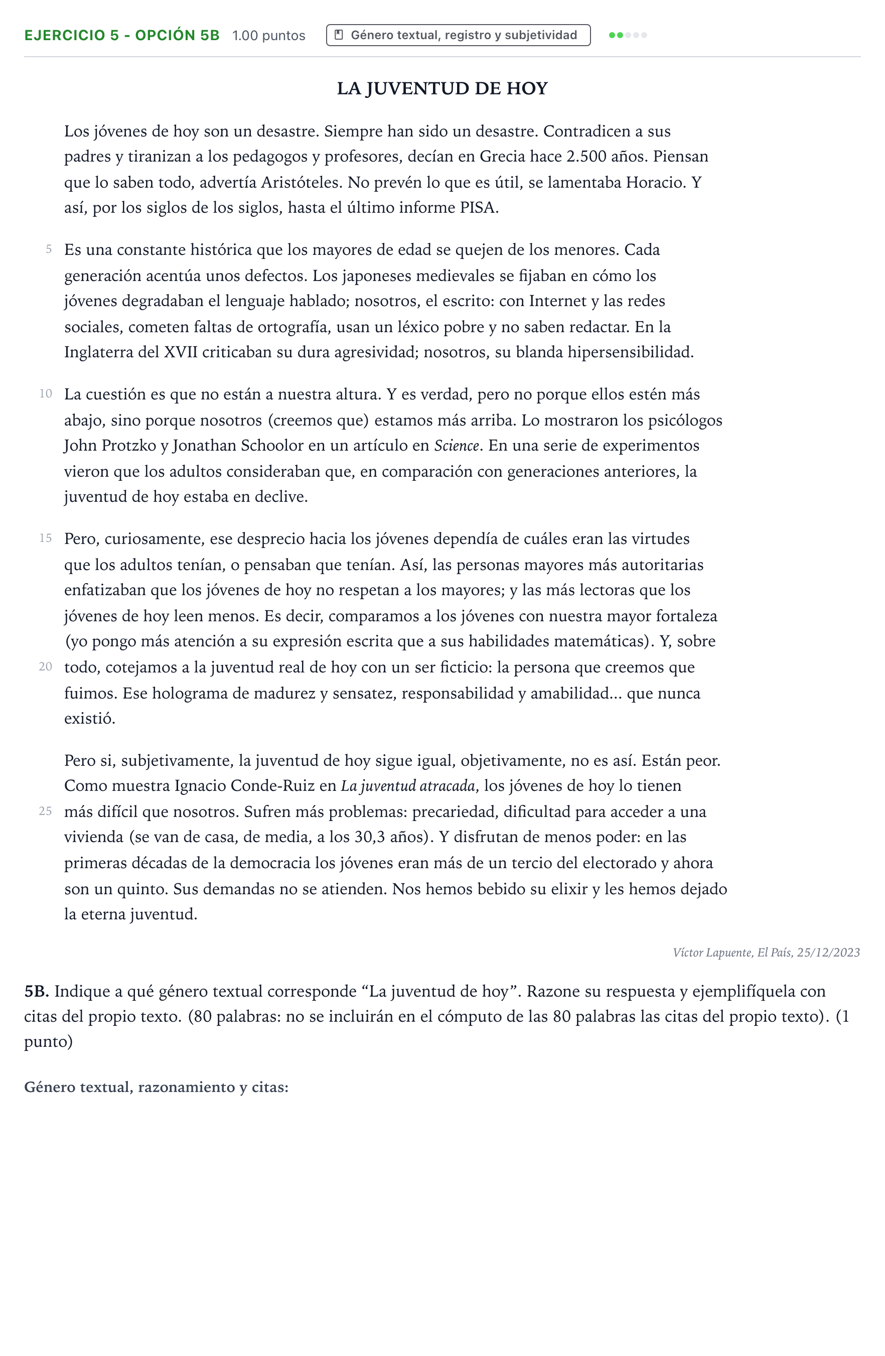 Enunciado: Ejercicio 5 - Opción 5B · Lengua Castellana y Literatura II PAU País Vasco Ordinaria 2024