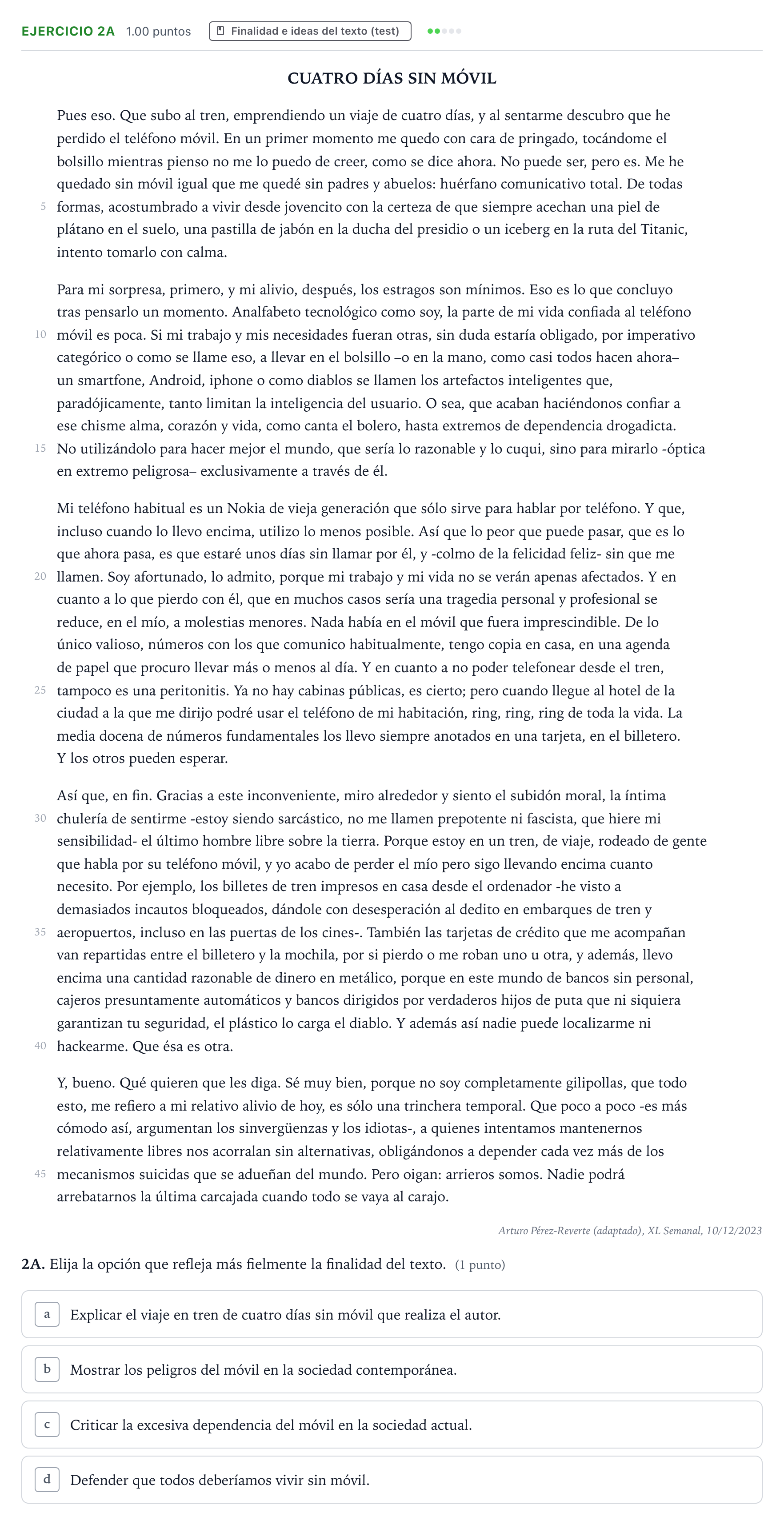 Enunciado: Ejercicio 2A · Lengua Castellana y Literatura II PAU País Vasco Extraordinaria 2024