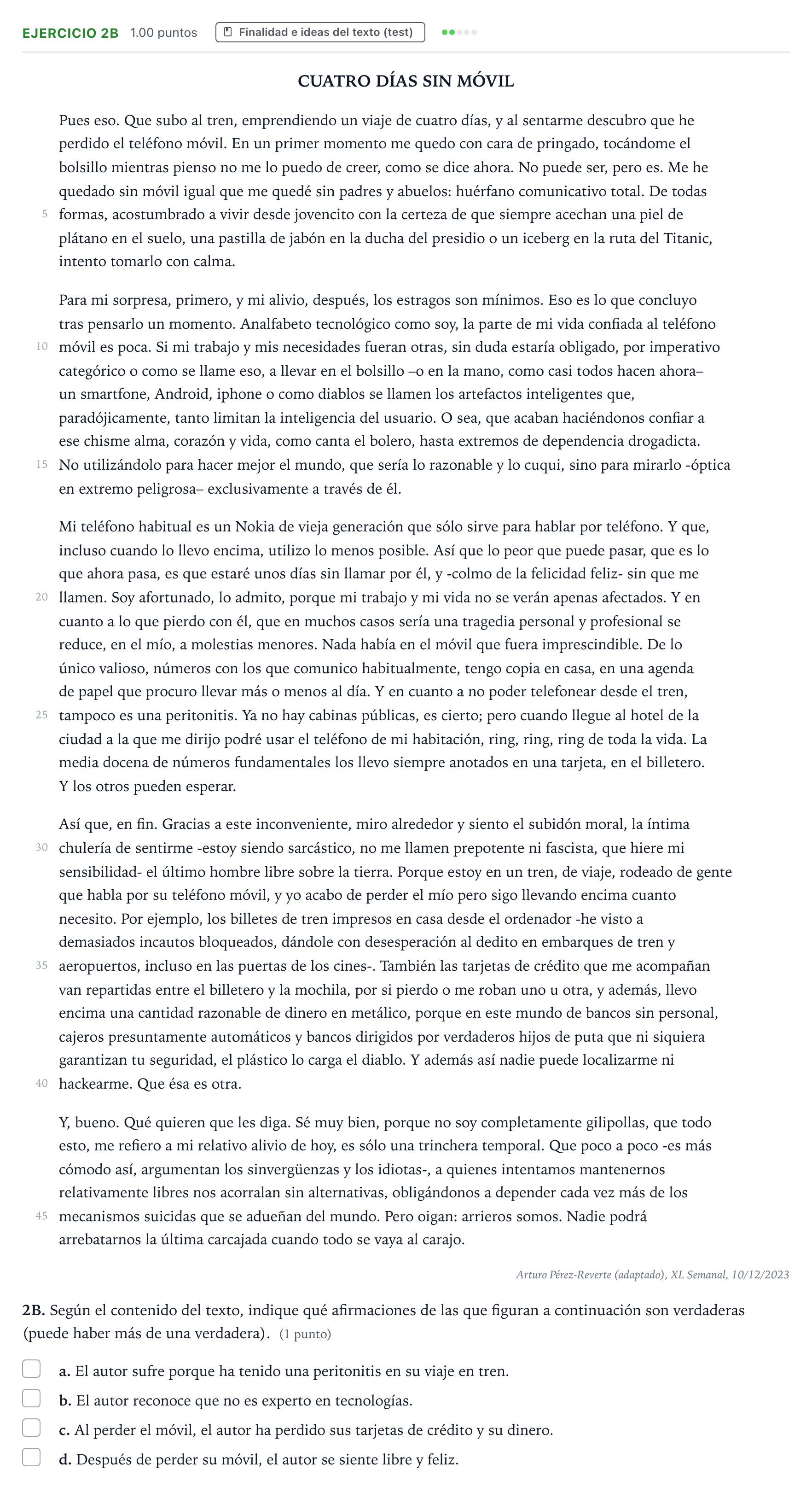 Enunciado: Ejercicio 2B · Lengua Castellana y Literatura II PAU País Vasco Extraordinaria 2024