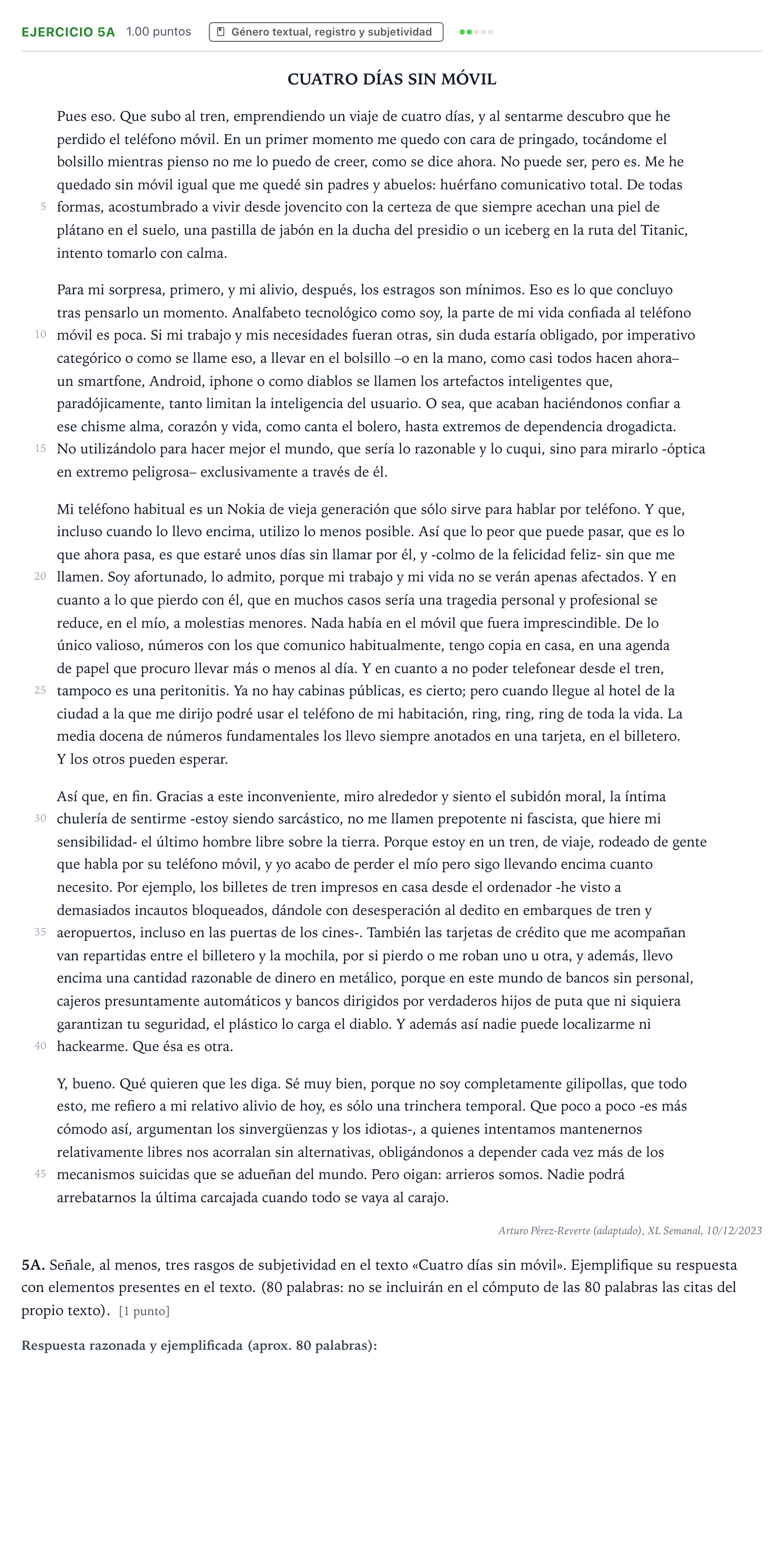Enunciado: Ejercicio 5A · Lengua Castellana y Literatura II PAU País Vasco Extraordinaria 2024