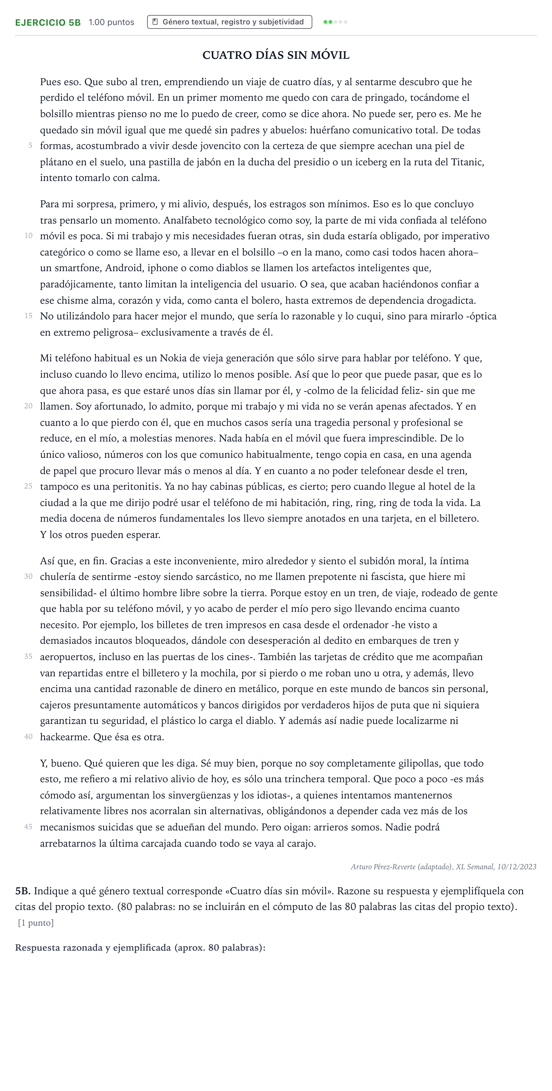 Enunciado: Ejercicio 5B · Lengua Castellana y Literatura II PAU País Vasco Extraordinaria 2024