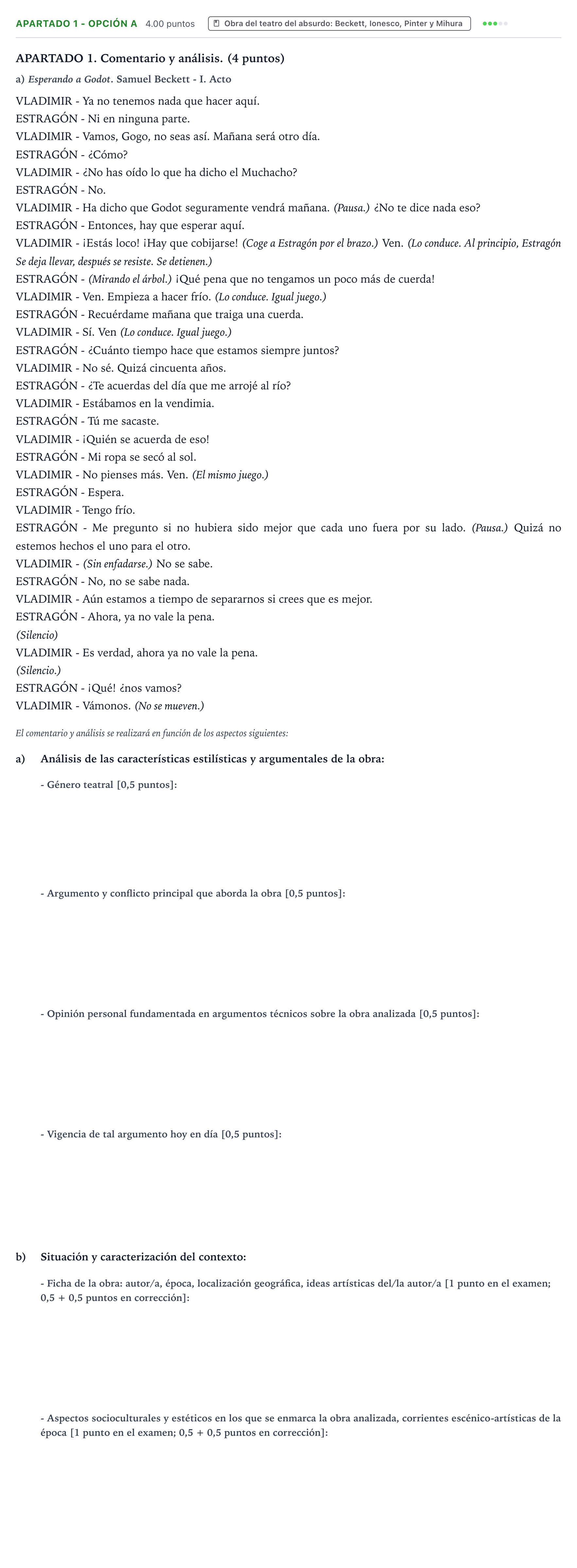 Enunciado: Apartado 1 - Opción A · Artes Escénicas PAU País Vasco Ordinaria 2024