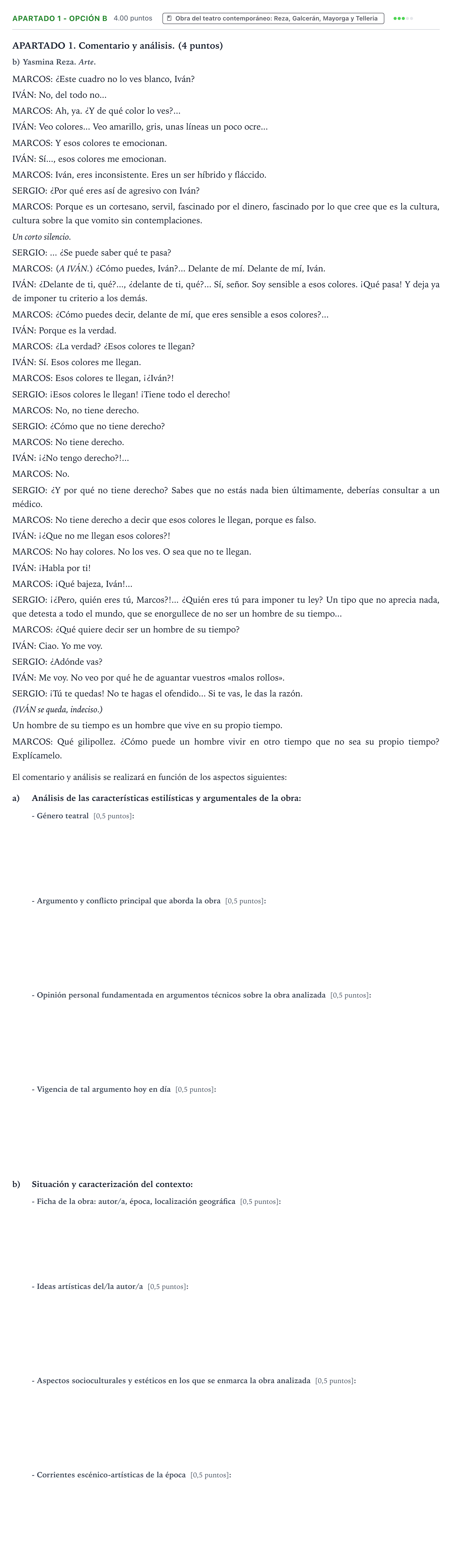 Enunciado: Apartado 1 - Opción B · Artes Escénicas PAU País Vasco Ordinaria 2024