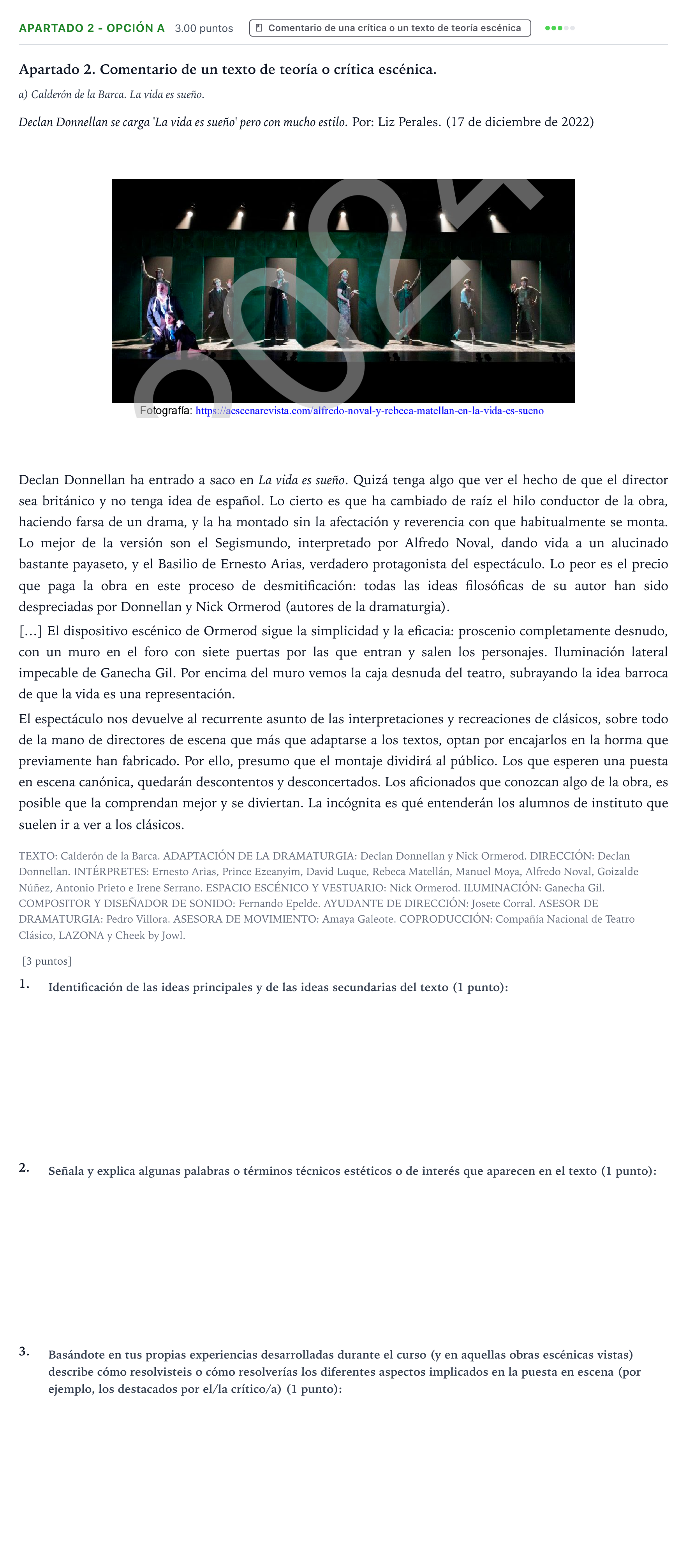 Enunciado: Apartado 2 - Opción A · Artes Escénicas PAU País Vasco Ordinaria 2024
