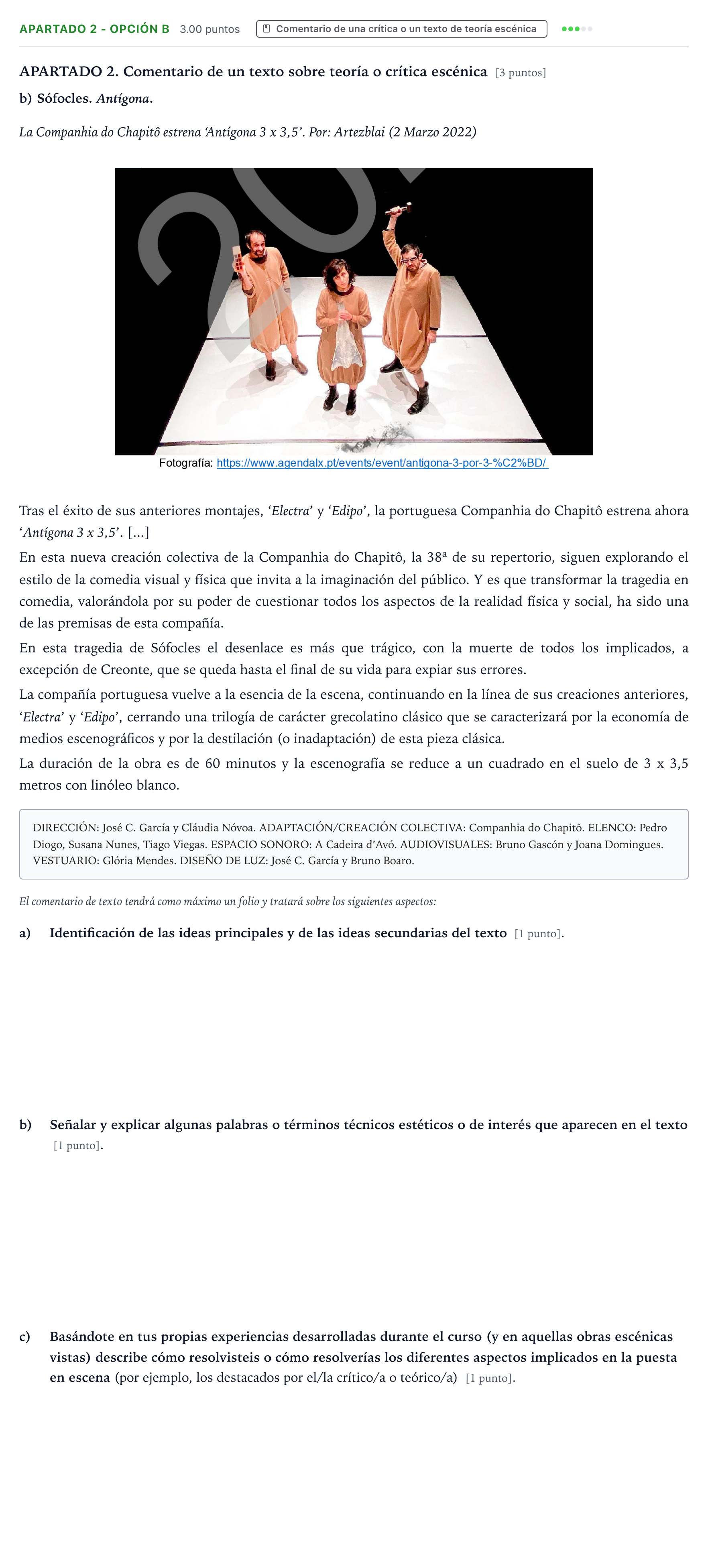 Enunciado: Apartado 2 - Opción B · Artes Escénicas PAU País Vasco Ordinaria 2024