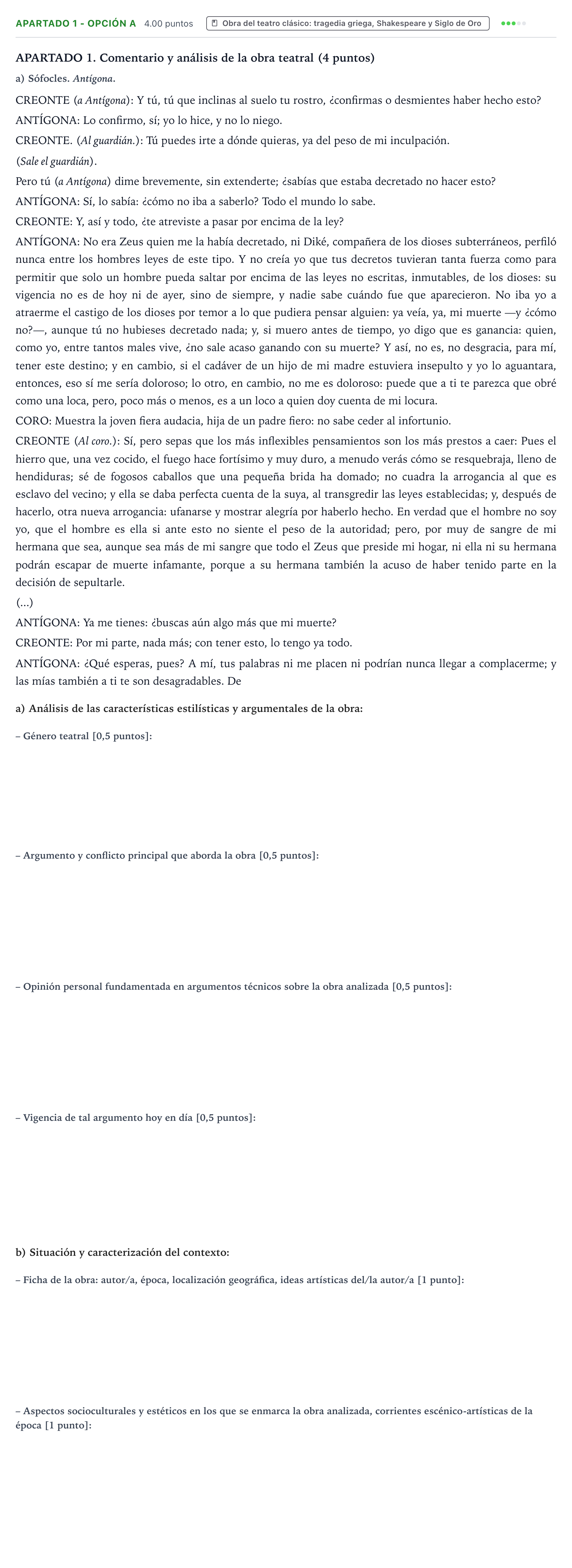 Enunciado: Apartado 1 - Opción a · Artes Escénicas PAU País Vasco Extraordinaria 2024