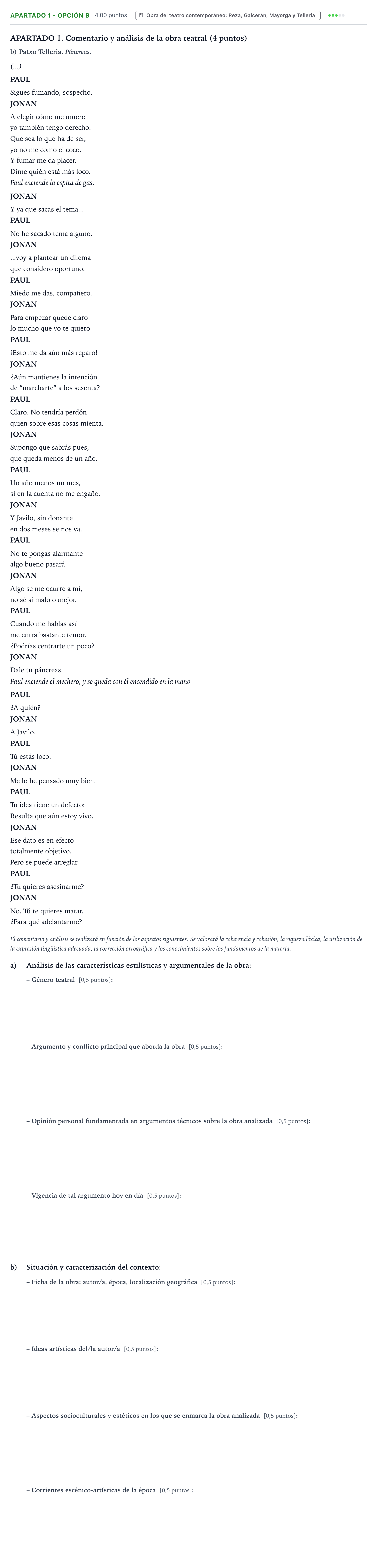 Enunciado: Apartado 1 - Opción b · Artes Escénicas PAU País Vasco Extraordinaria 2024