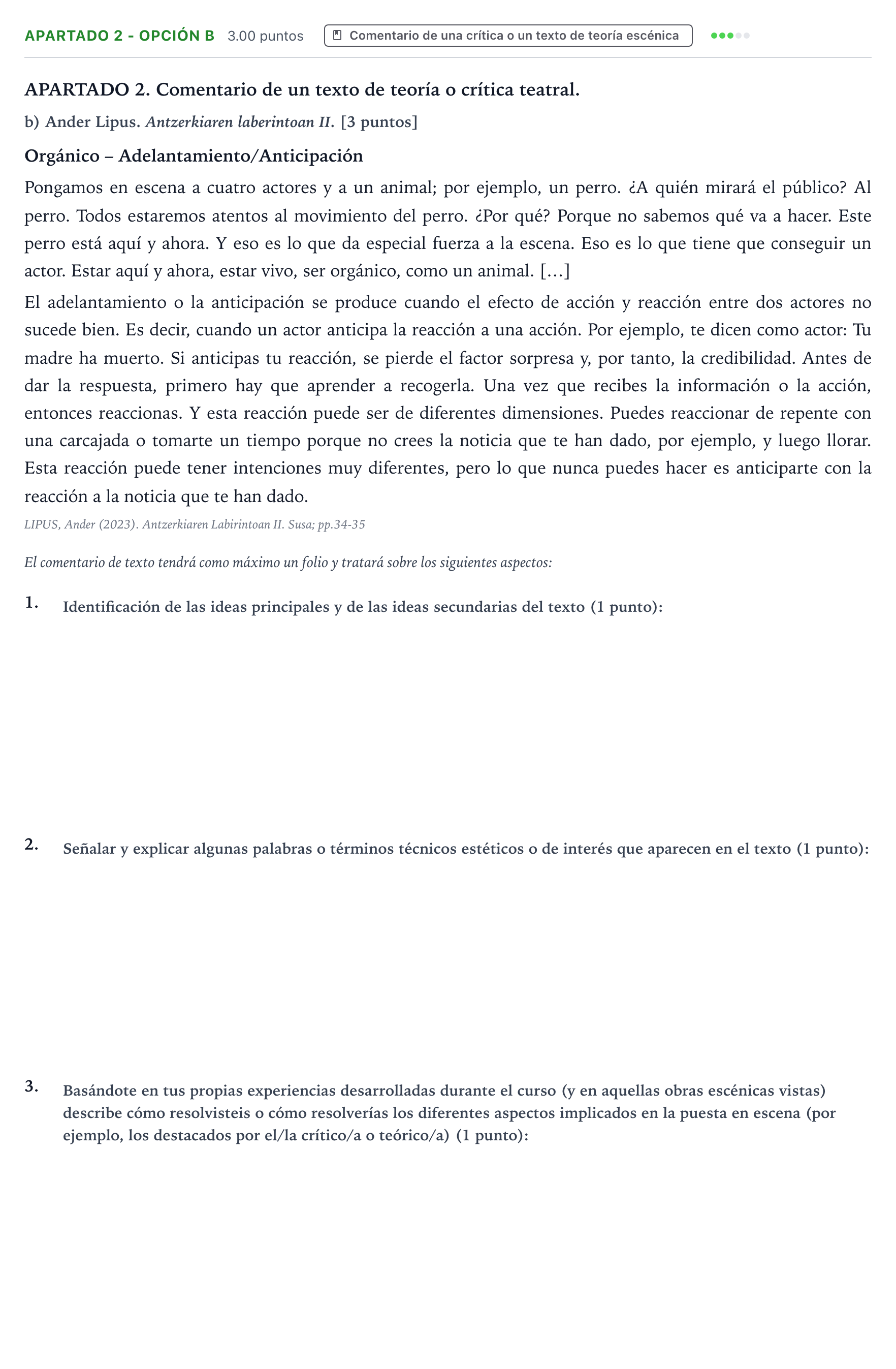 Enunciado: Apartado 2 - Opción b · Artes Escénicas PAU País Vasco Extraordinaria 2024