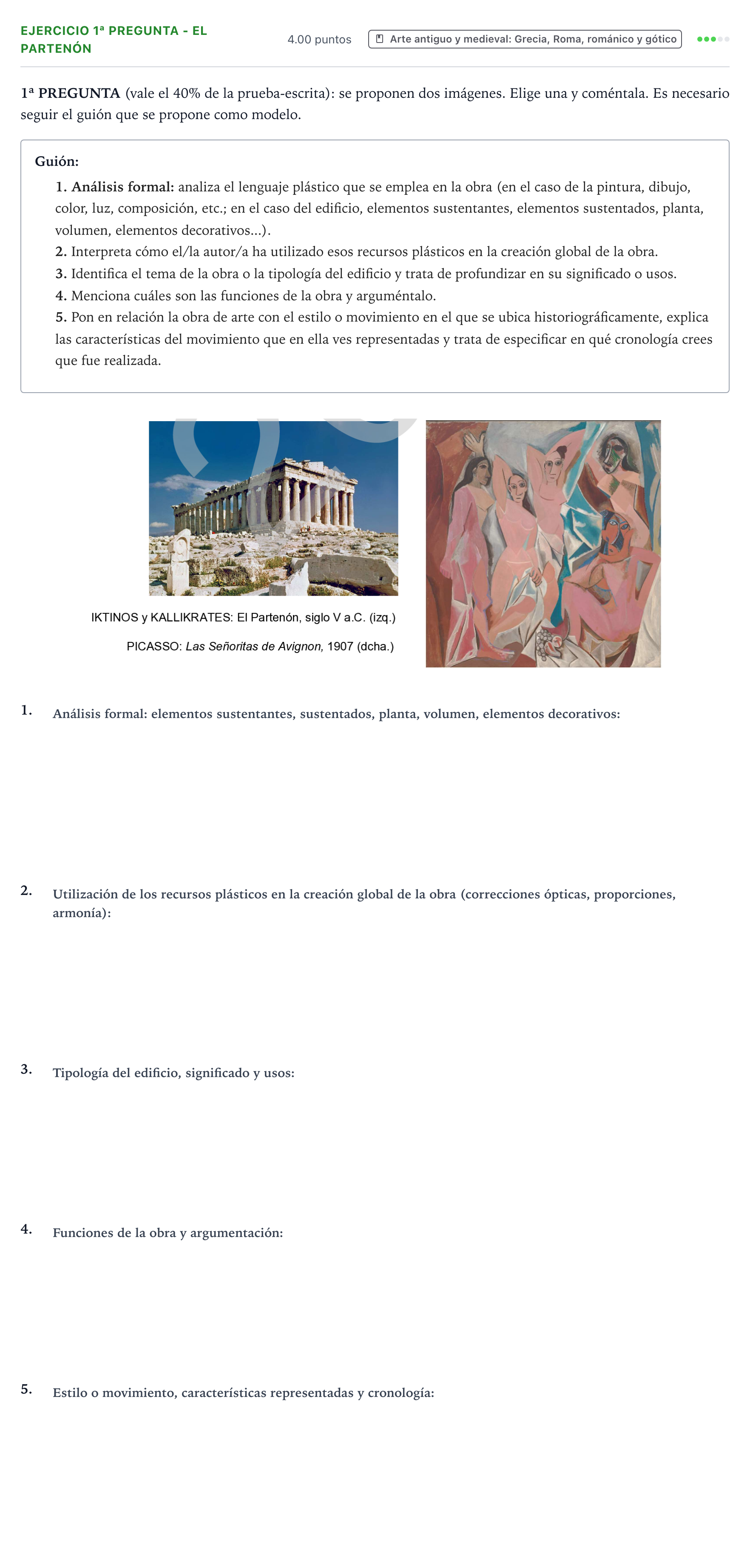 Enunciado: Ejercicio 1ª Pregunta - El Partenón · Fundamentos Artísticos PAU País Vasco Ordinaria 2024