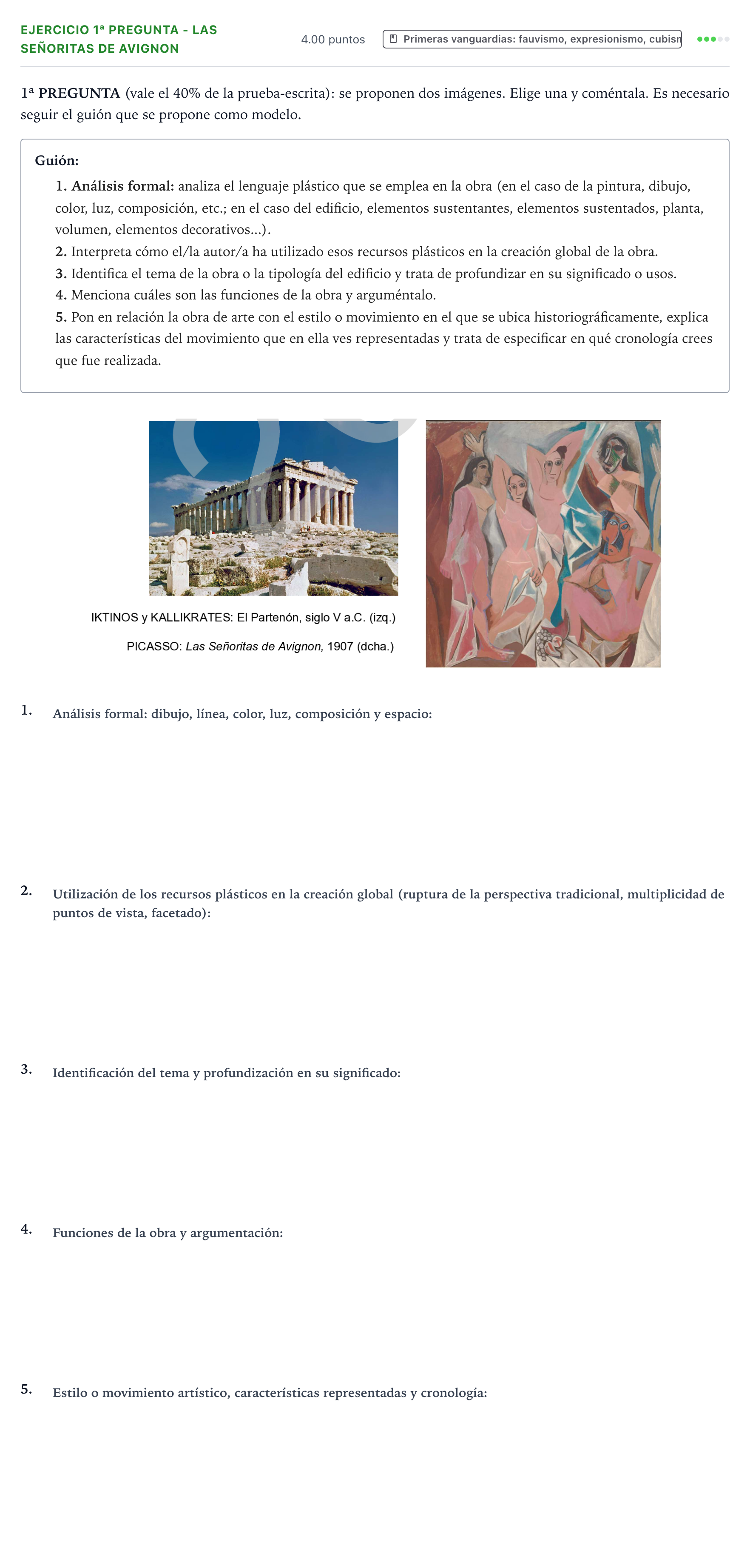 Enunciado: Ejercicio 1ª Pregunta - Las Señoritas de Avignon · Fundamentos Artísticos PAU País Vasco Ordinaria 2024