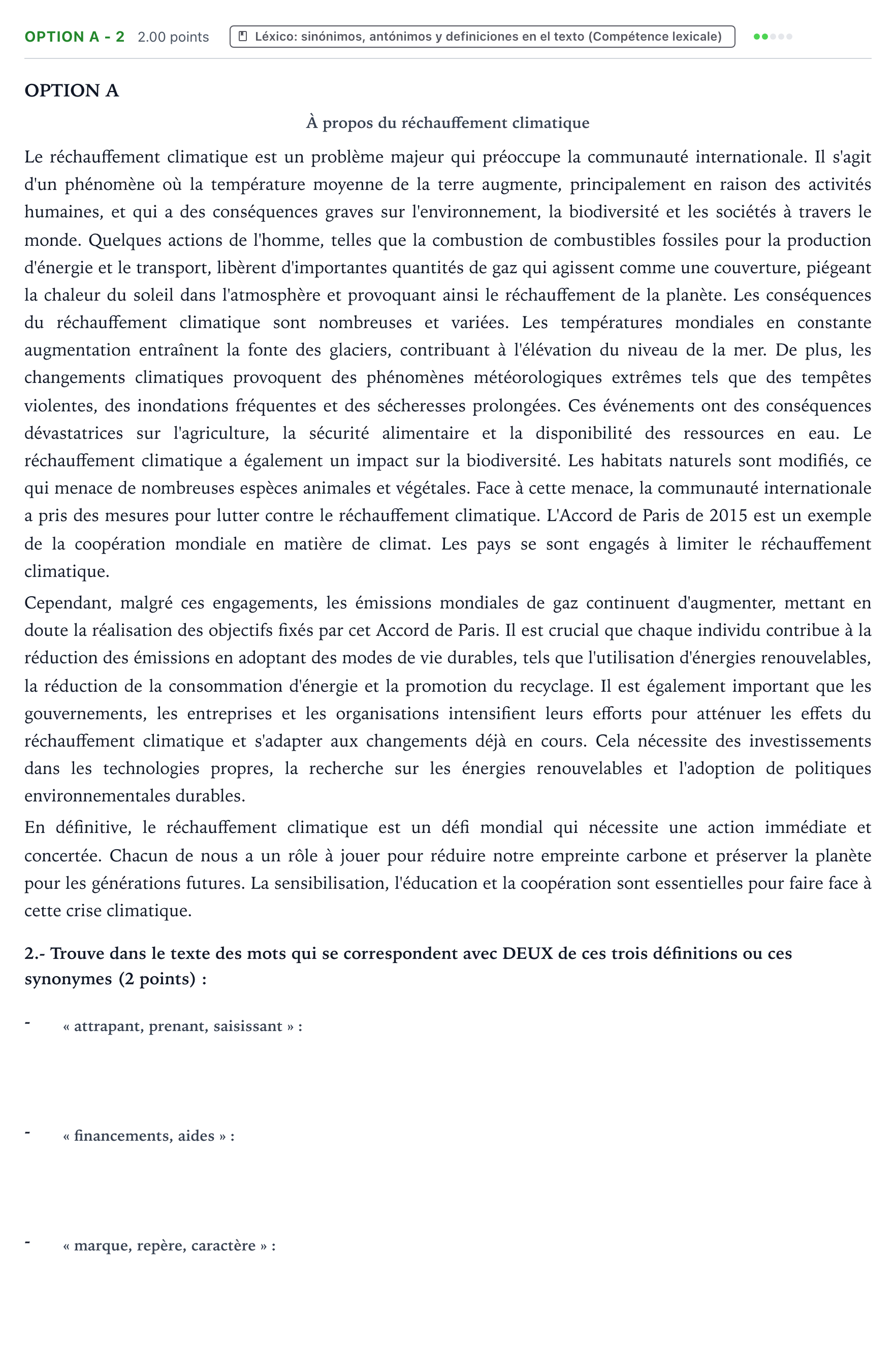 Enunciado: Ejercicio Option A - 2 · Francés PAU País Vasco Extraordinaria 2024