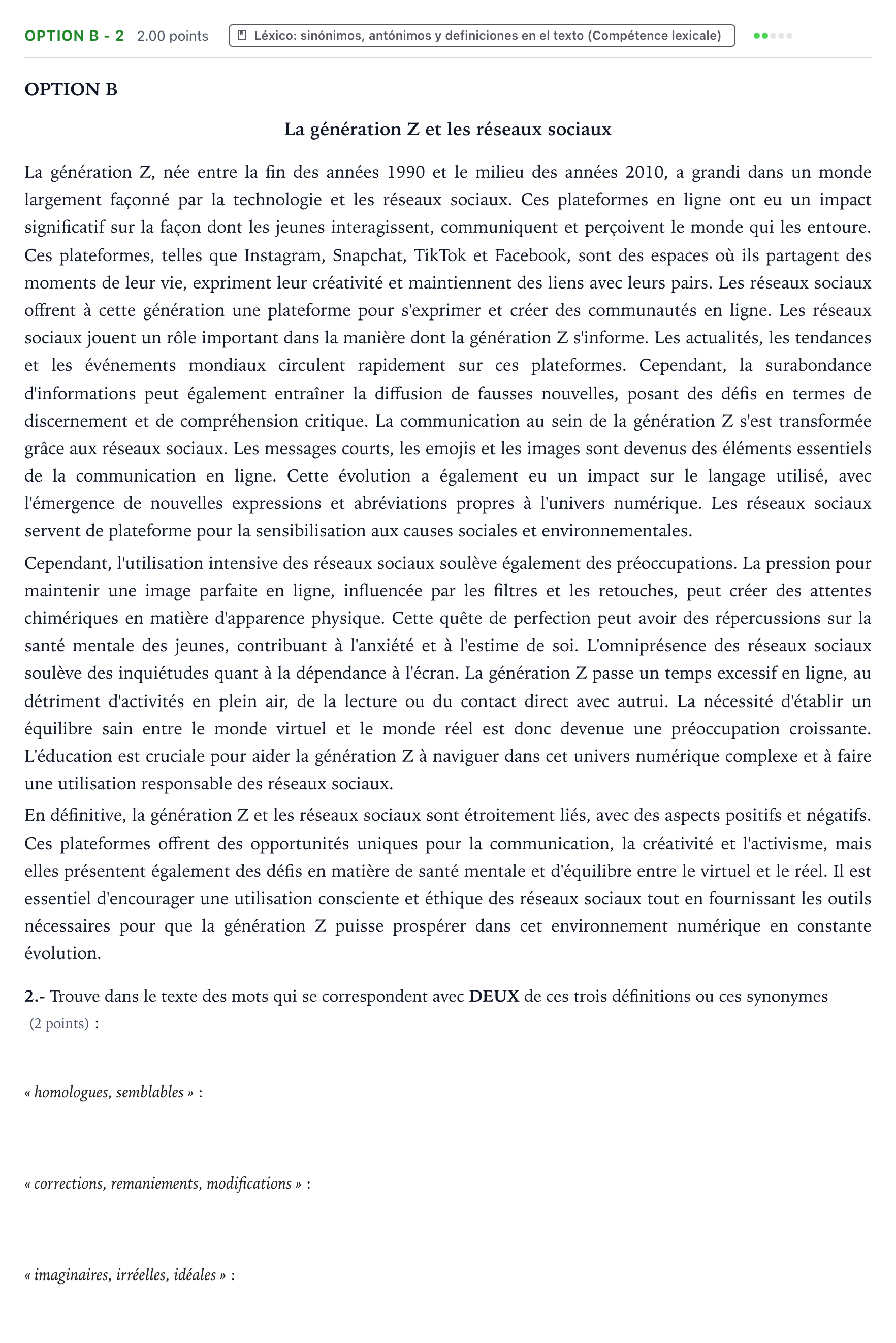 Enunciado: Ejercicio Option B - 2 · Francés PAU País Vasco Extraordinaria 2024