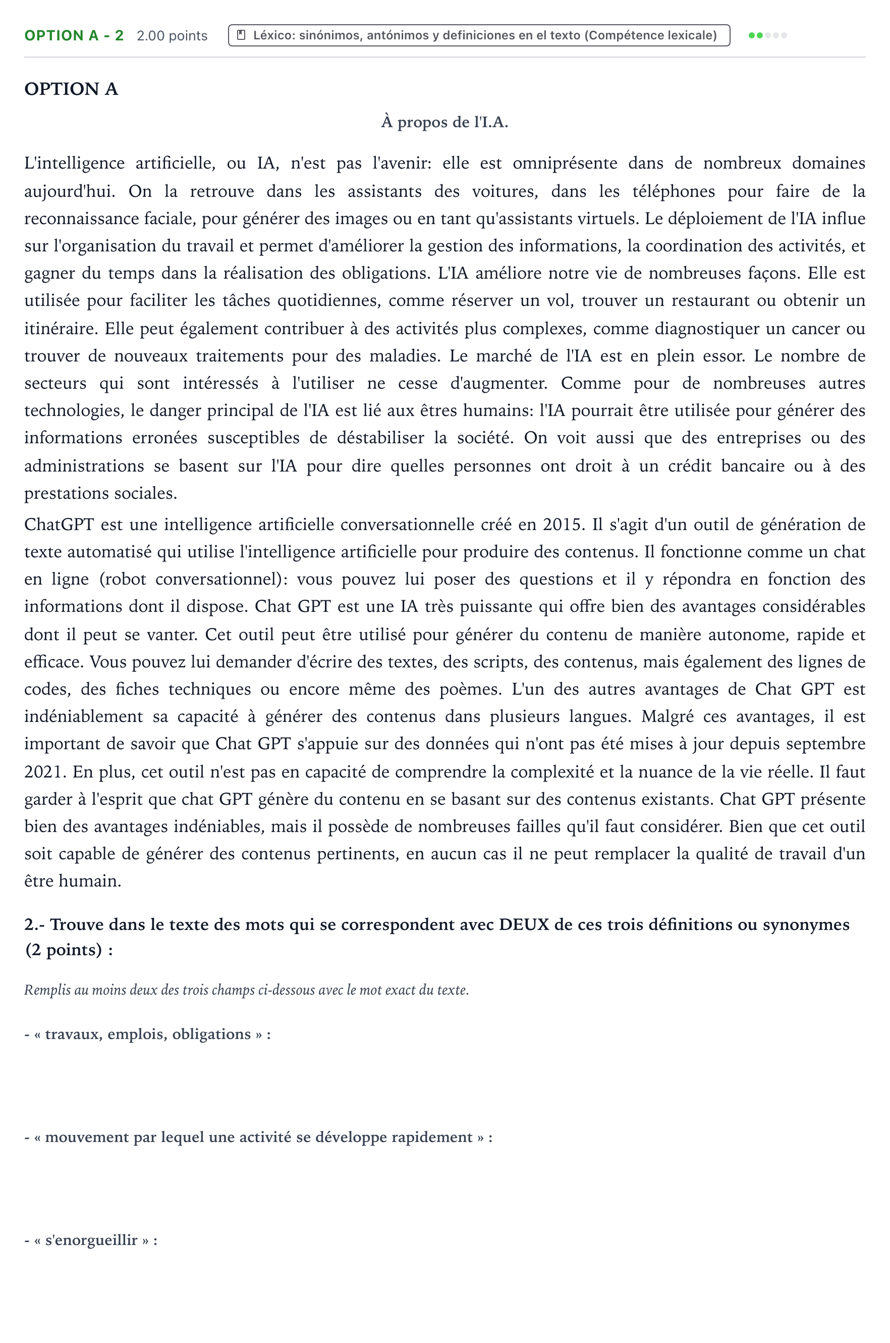 Enunciado: Ejercicio Option A - 2 · Francés PAU País Vasco Ordinaria 2024
