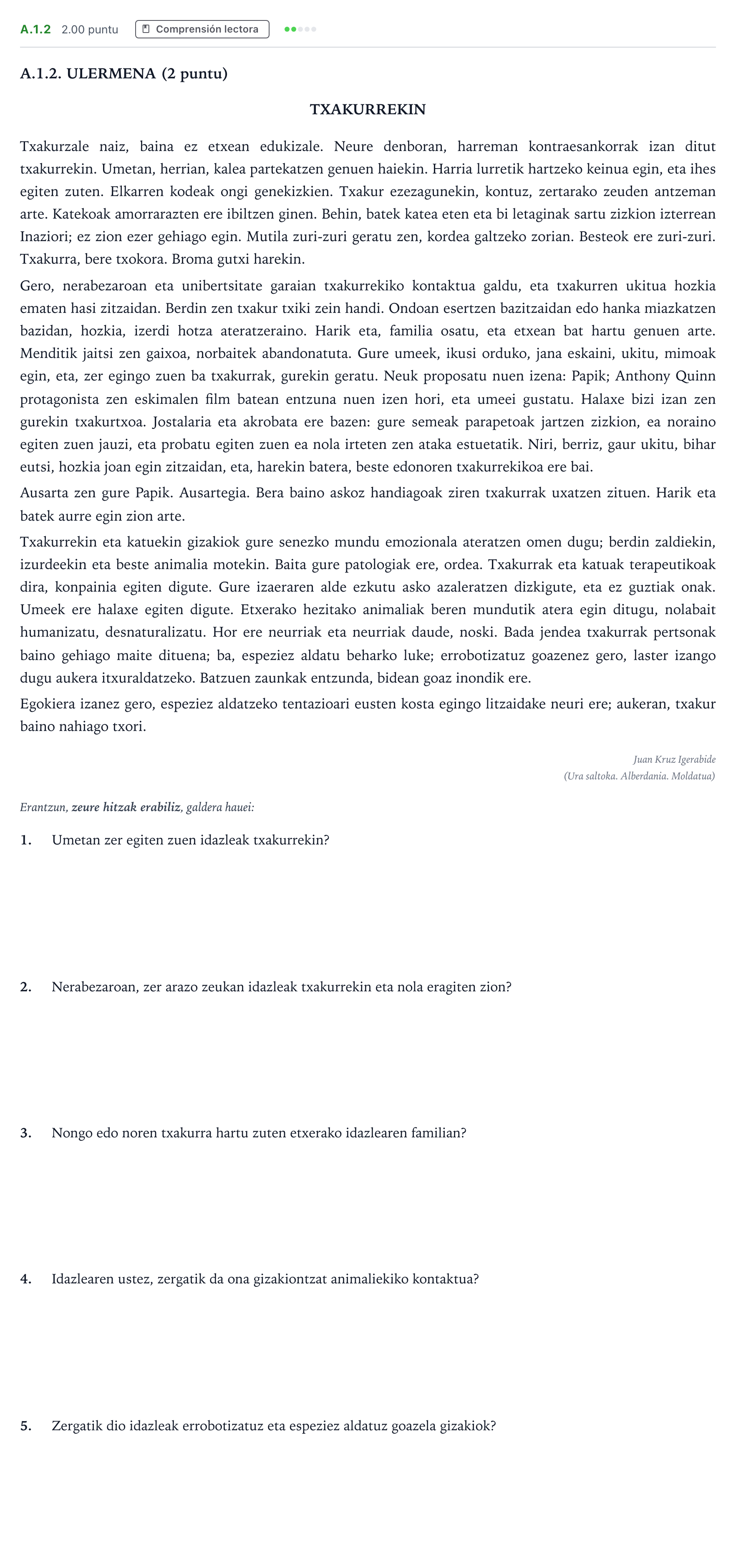 Enunciado: Ejercicio A.1.2 · Lengua Vasca y Literatura II PAU País Vasco Ordinaria 2024