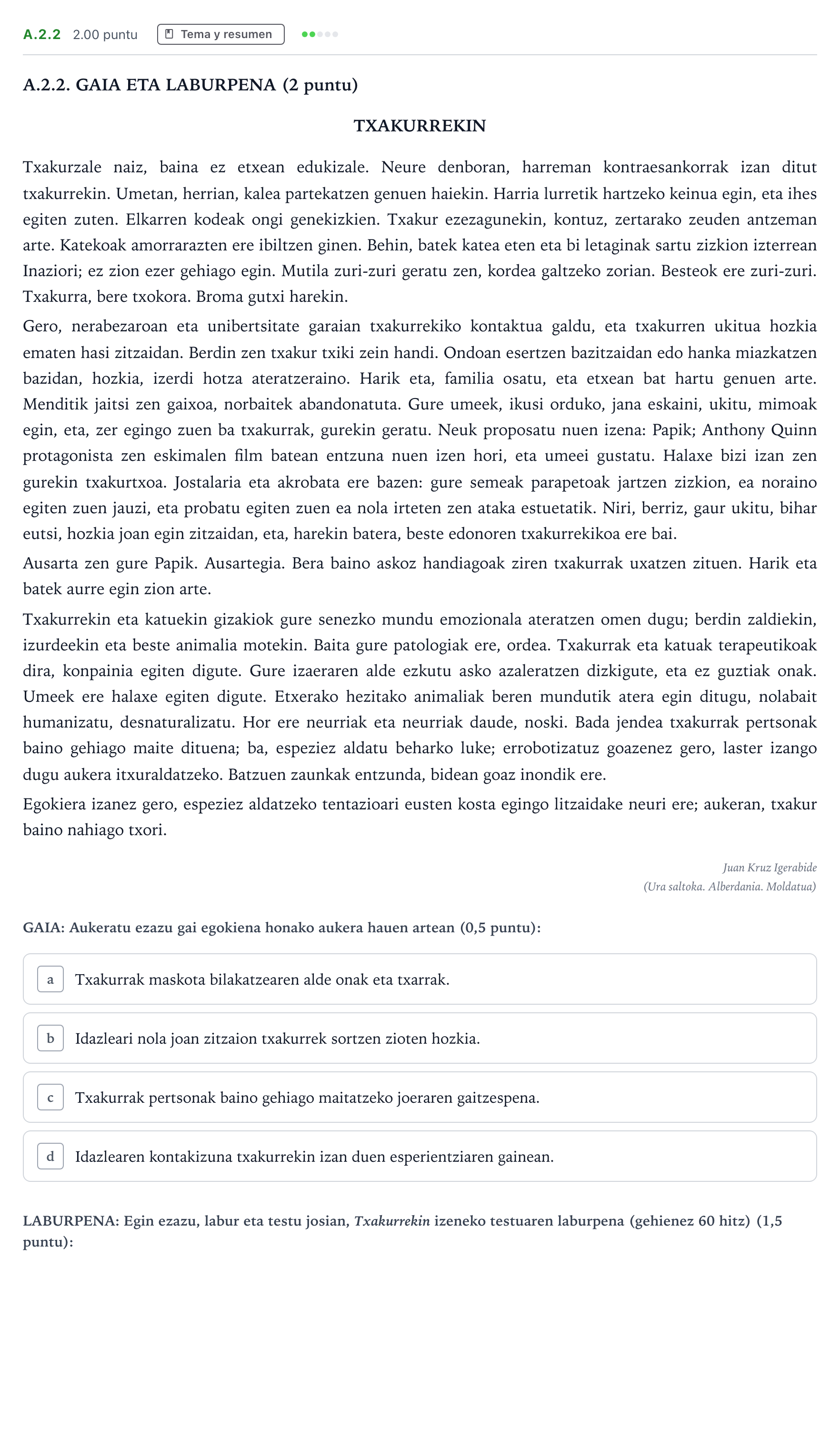 Enunciado: Ejercicio A.2.2 · Lengua Vasca y Literatura II PAU País Vasco Ordinaria 2024