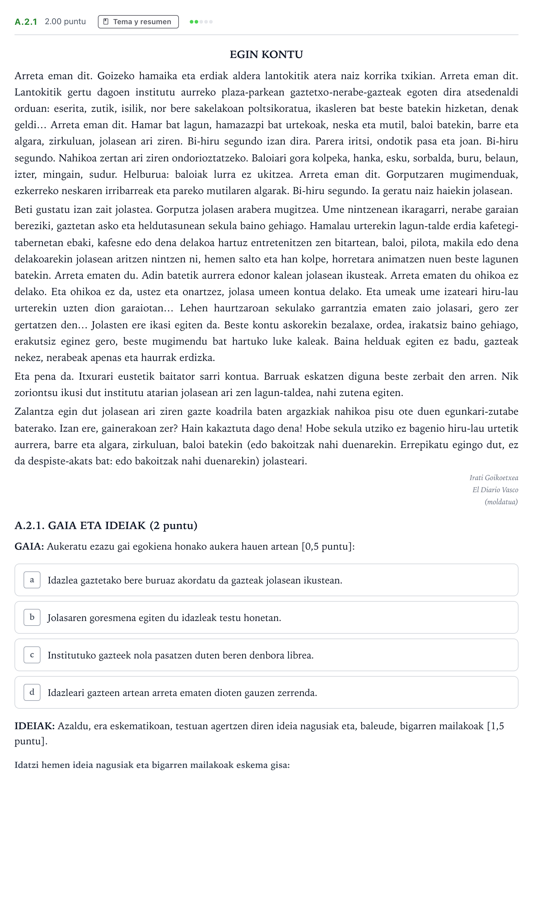 Enunciado: Ejercicio A.2.1 · Lengua Vasca y Literatura II PAU País Vasco Extraordinaria 2024