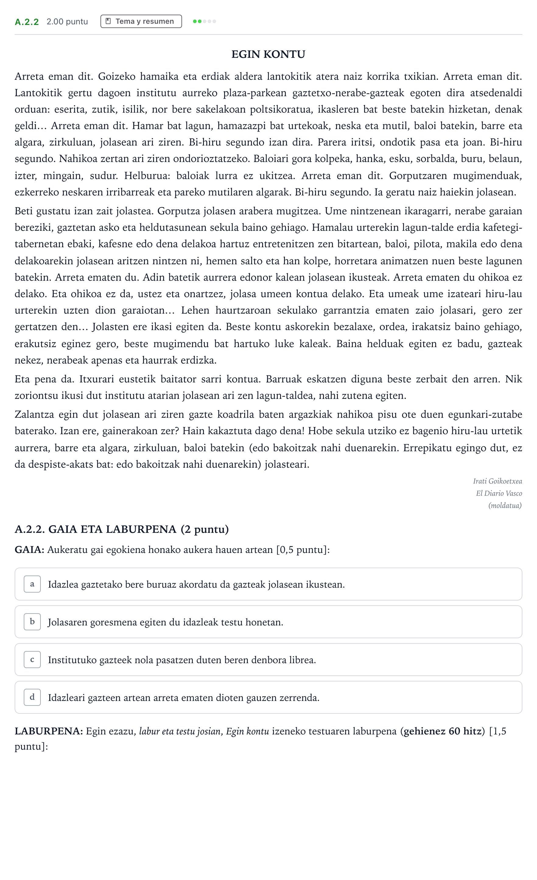 Enunciado: Ejercicio A.2.2 · Lengua Vasca y Literatura II PAU País Vasco Extraordinaria 2024