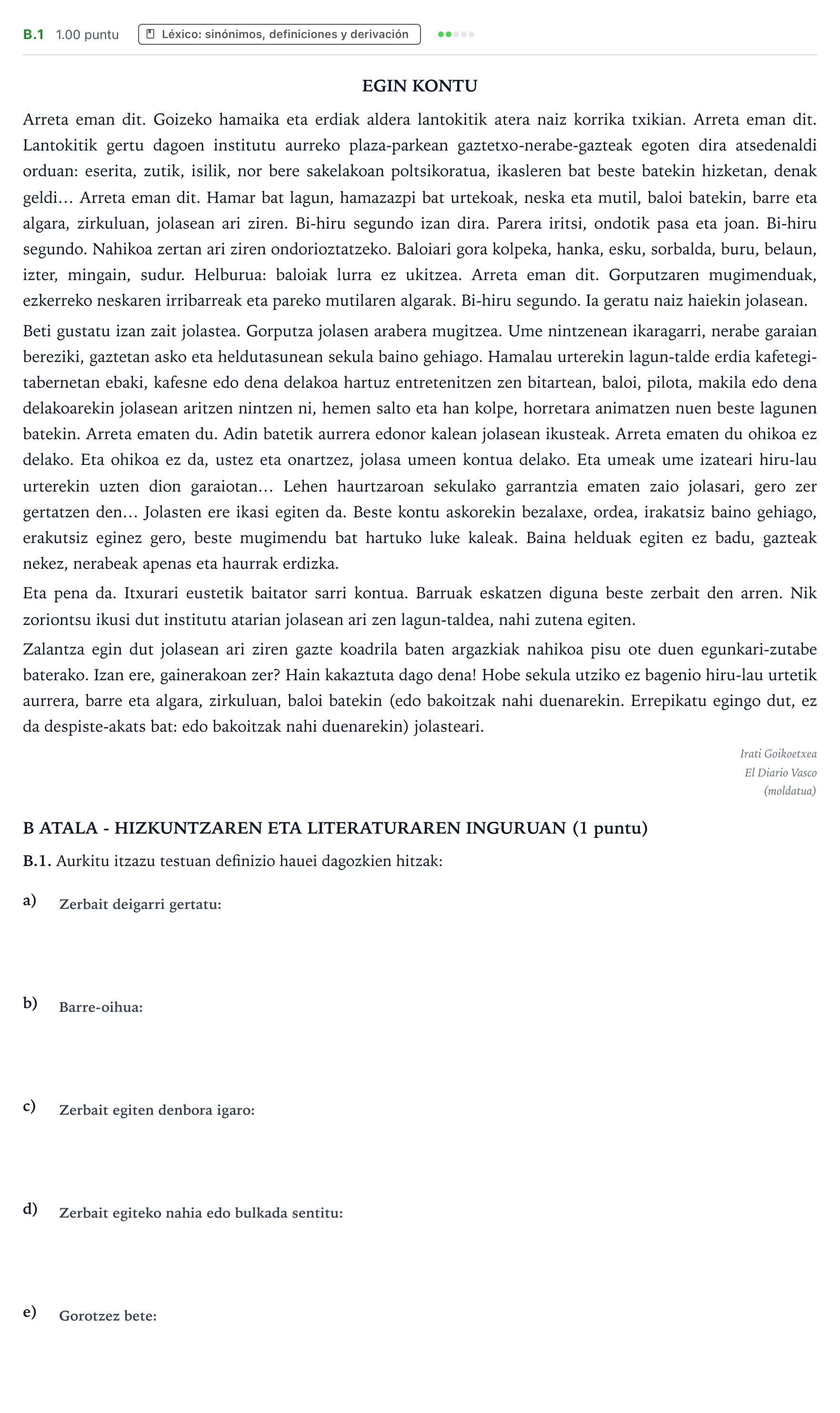Enunciado: Ejercicio B.1 · Lengua Vasca y Literatura II PAU País Vasco Extraordinaria 2024