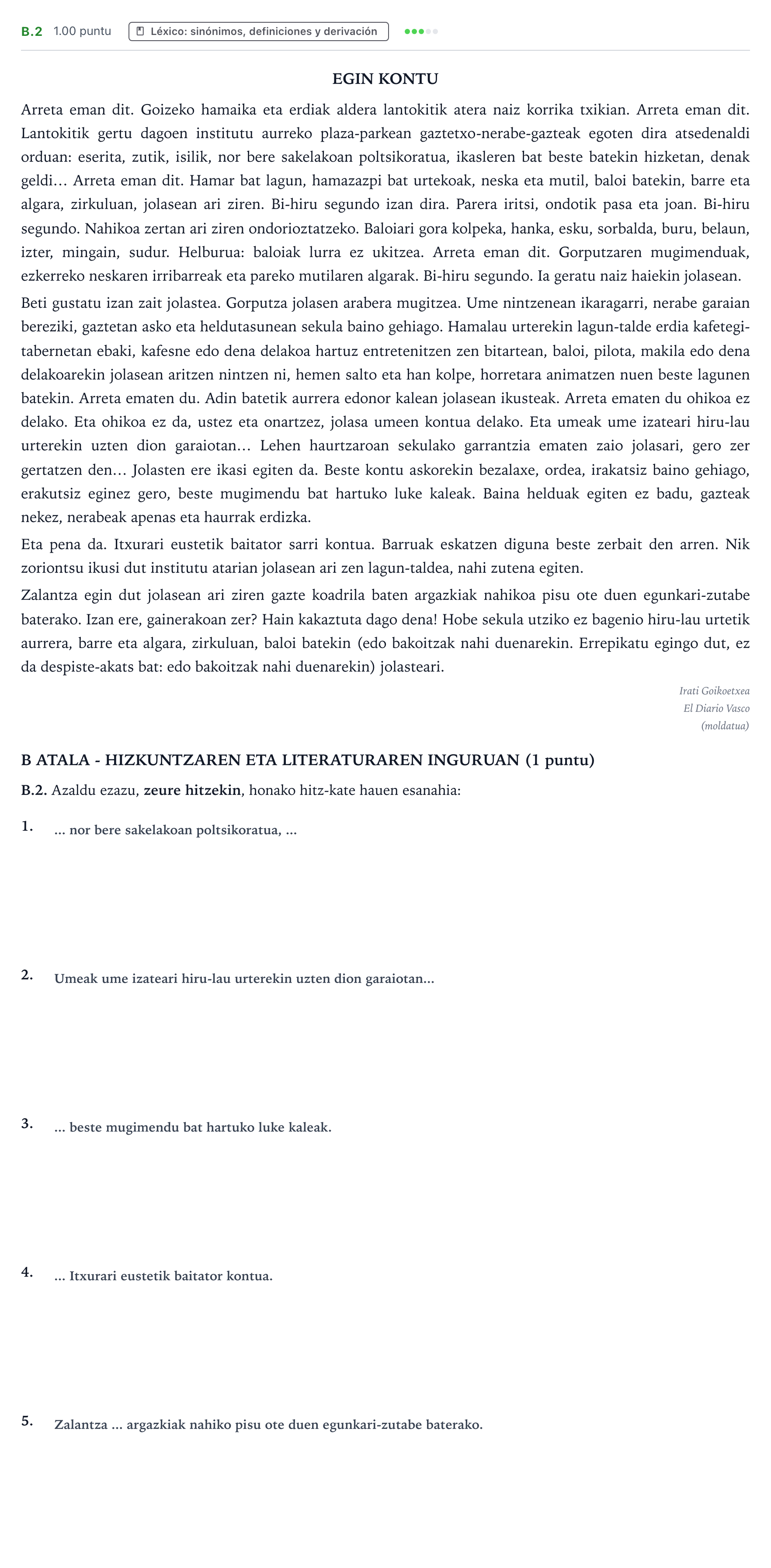 Enunciado: Ejercicio B.2 · Lengua Vasca y Literatura II PAU País Vasco Extraordinaria 2024