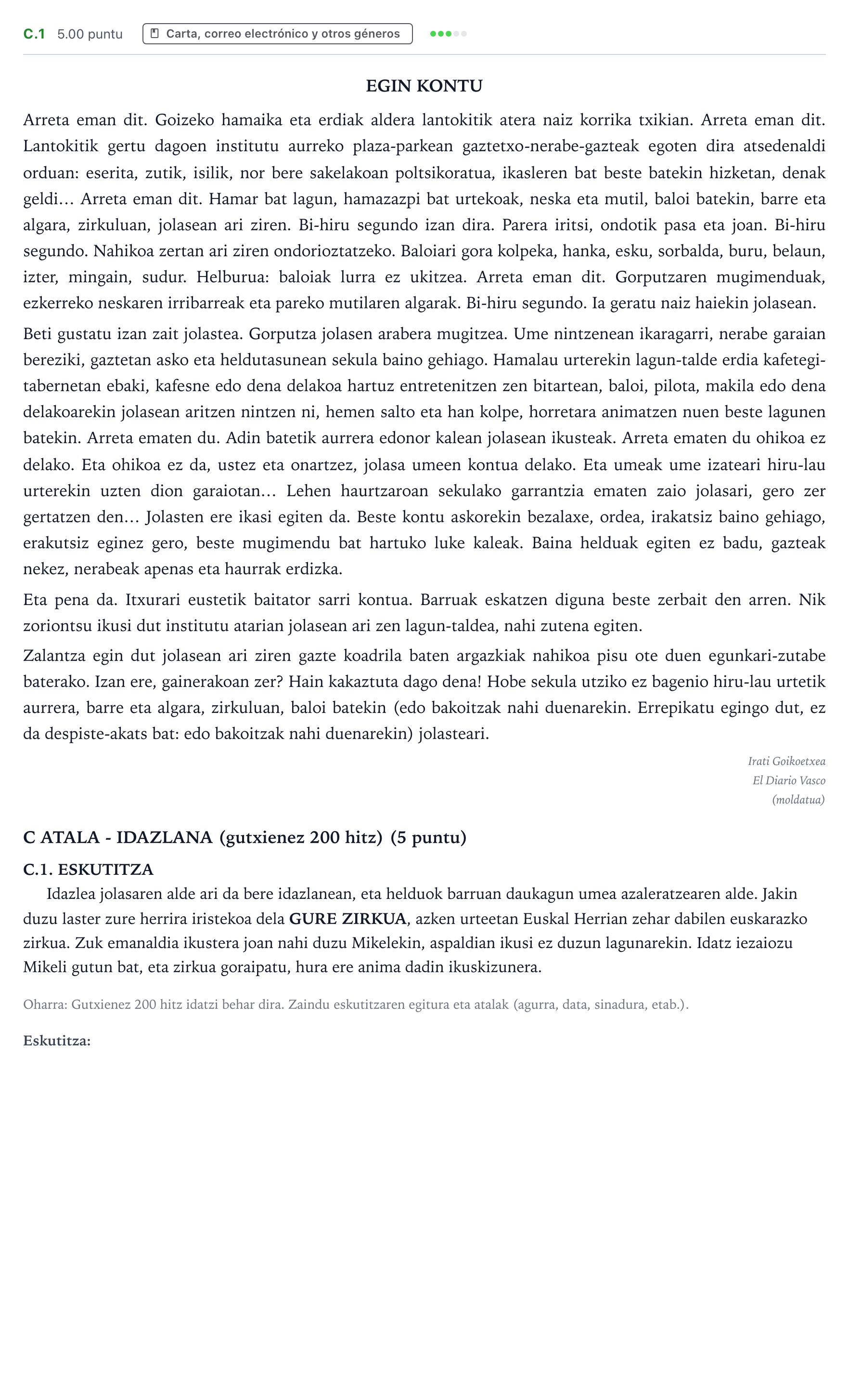 Enunciado: Ejercicio C.1 · Lengua Vasca y Literatura II PAU País Vasco Extraordinaria 2024