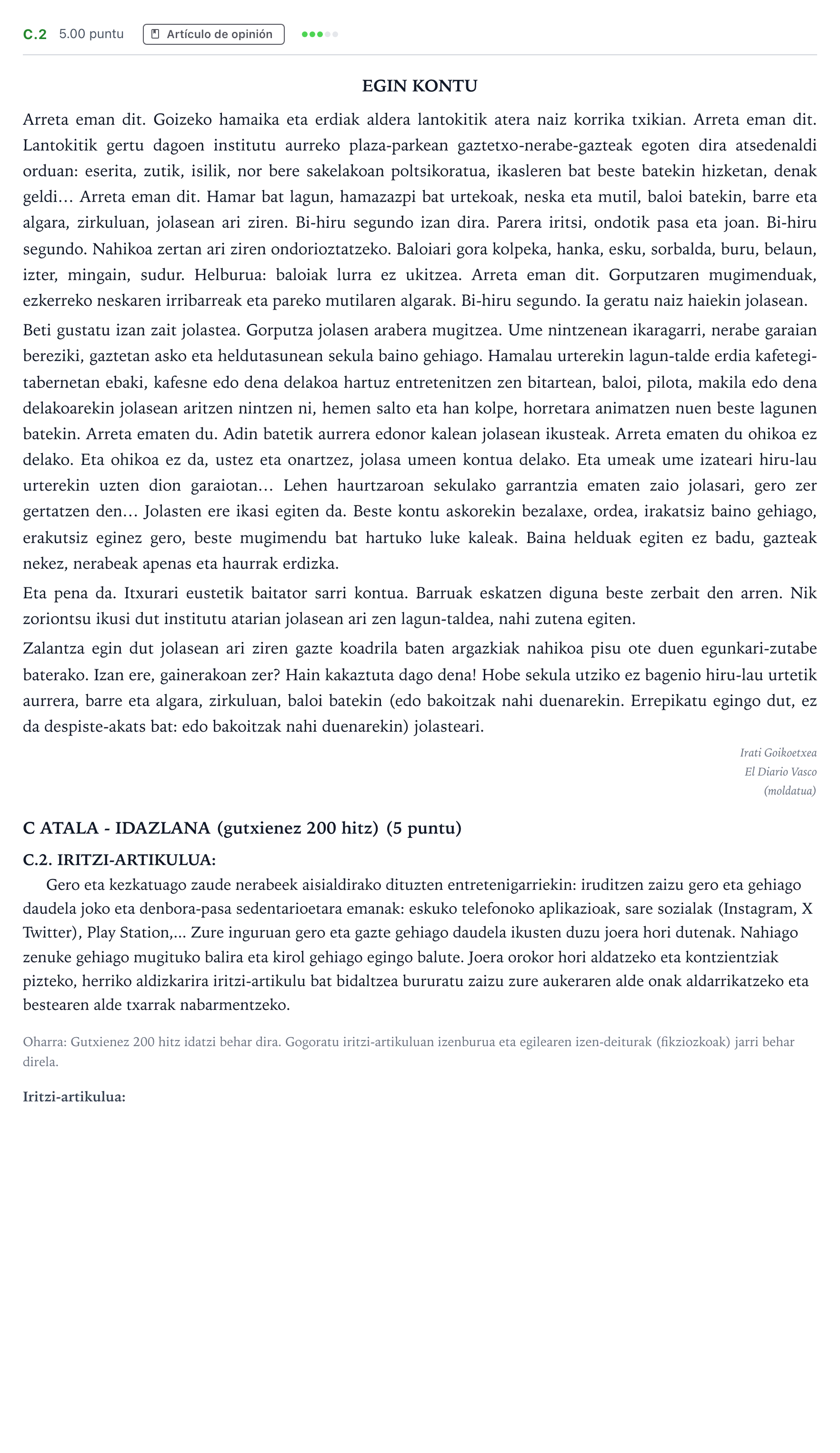 Enunciado: Ejercicio C.2 · Lengua Vasca y Literatura II PAU País Vasco Extraordinaria 2024