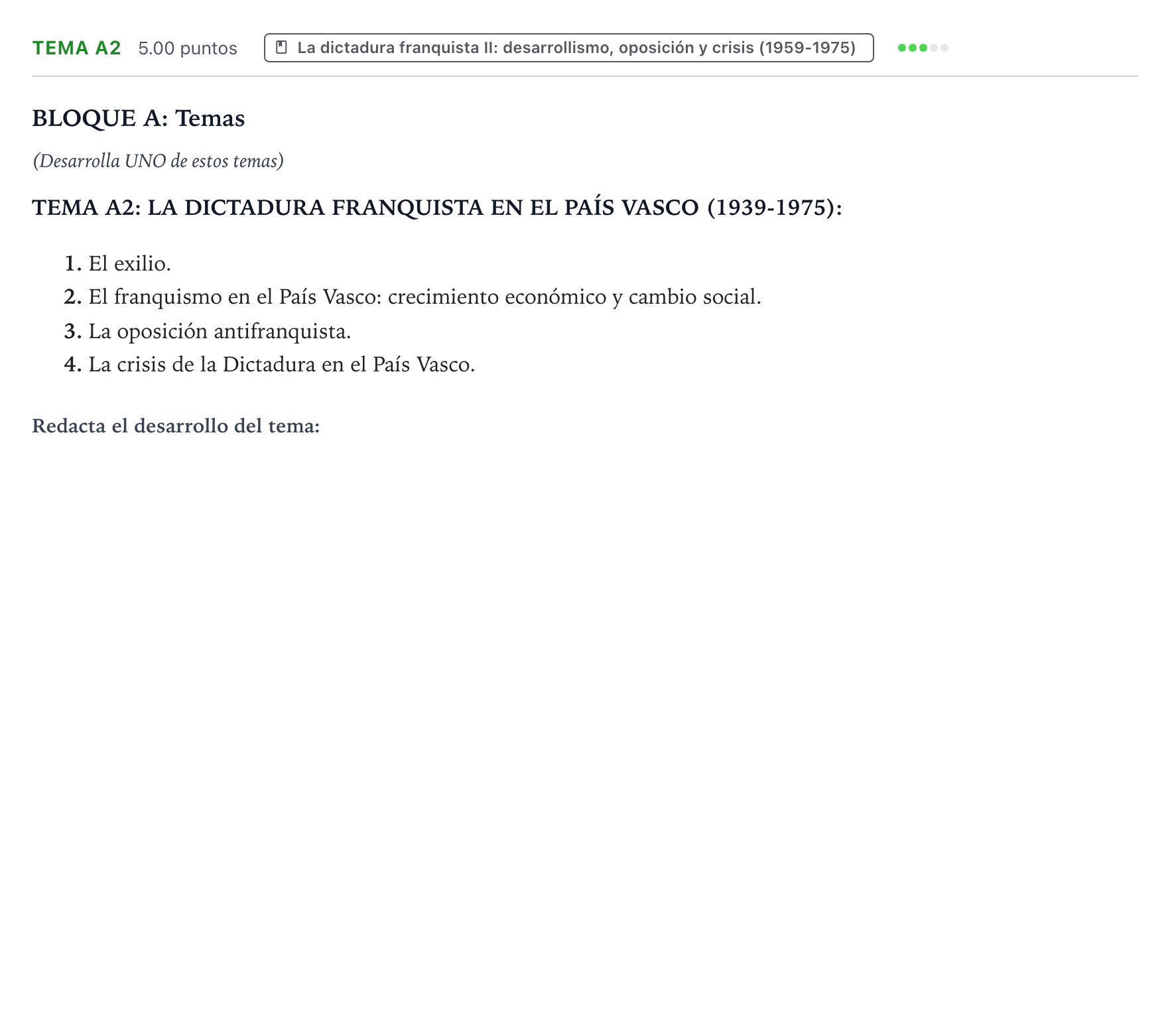 Enunciado: Ejercicio Tema A2 · Historia de España PAU País Vasco Extraordinaria 2024