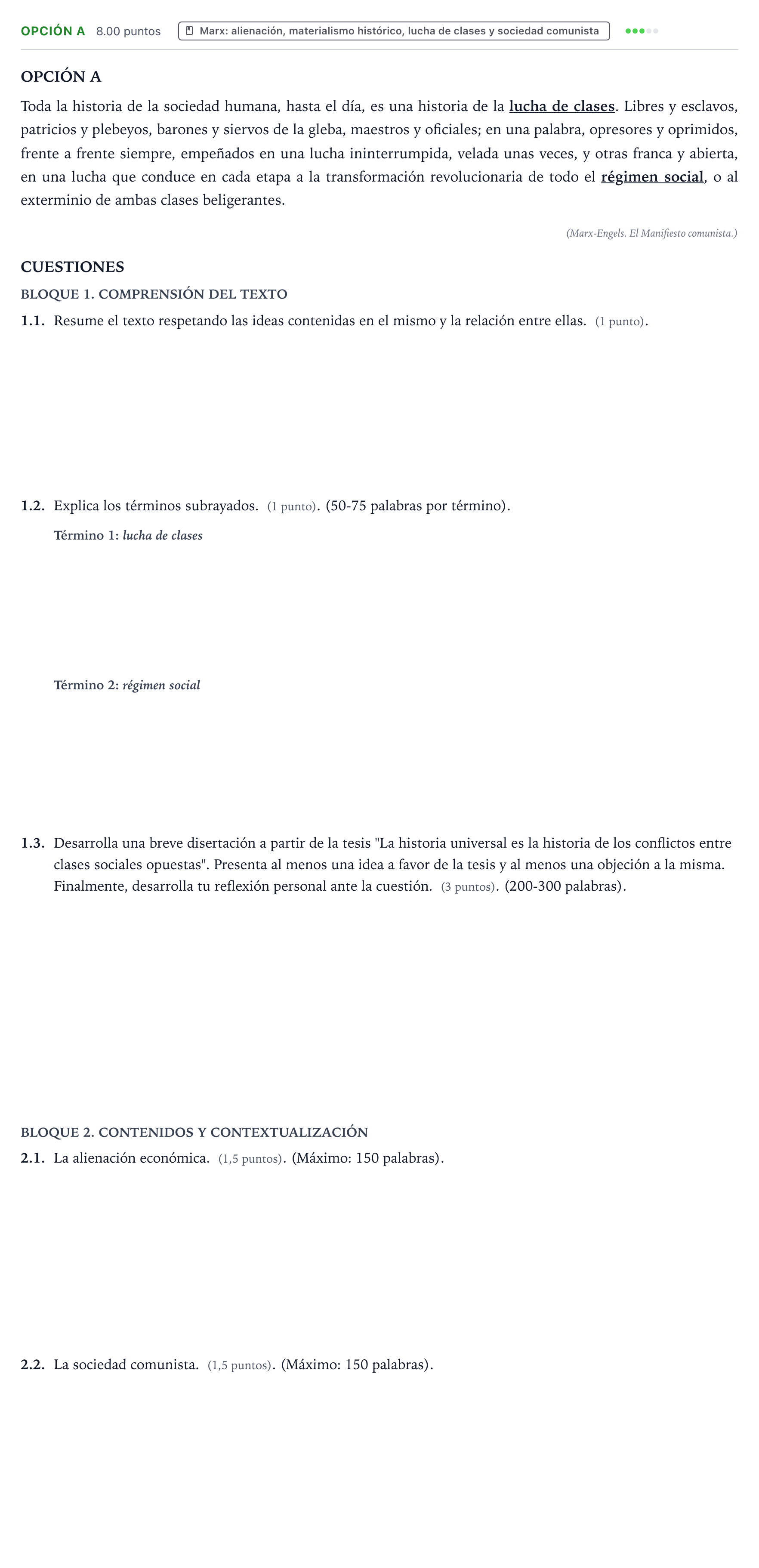 Enunciado: Opción A - Marx · Historia de la Filosofía PAU País Vasco Extraordinaria 2024