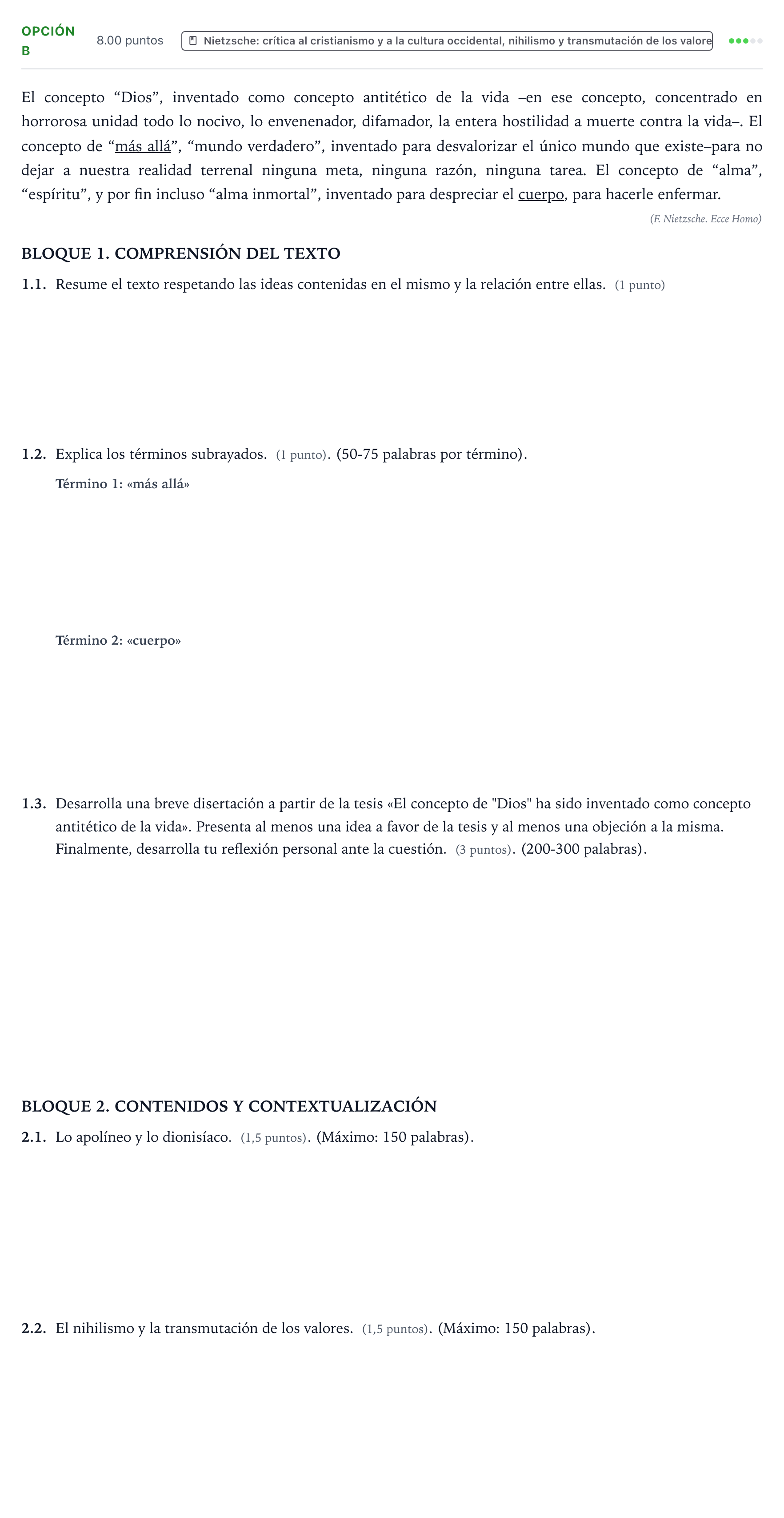 Enunciado: Opción B - Nietzsche · Historia de la Filosofía PAU País Vasco Extraordinaria 2024