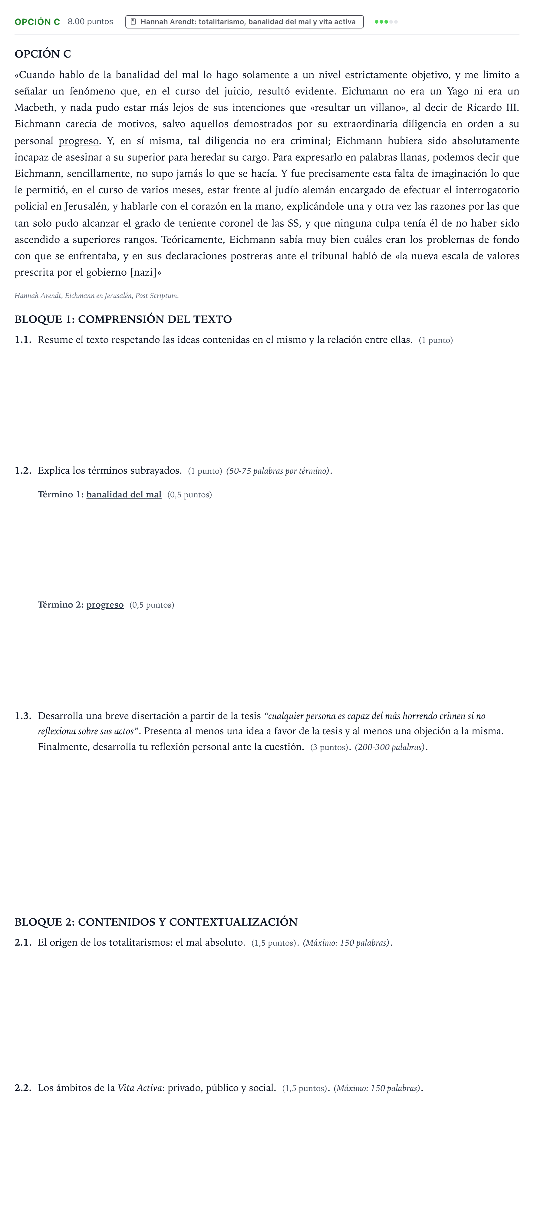 Enunciado: Opción C - Hannah Arendt · Historia de la Filosofía PAU País Vasco Extraordinaria 2024