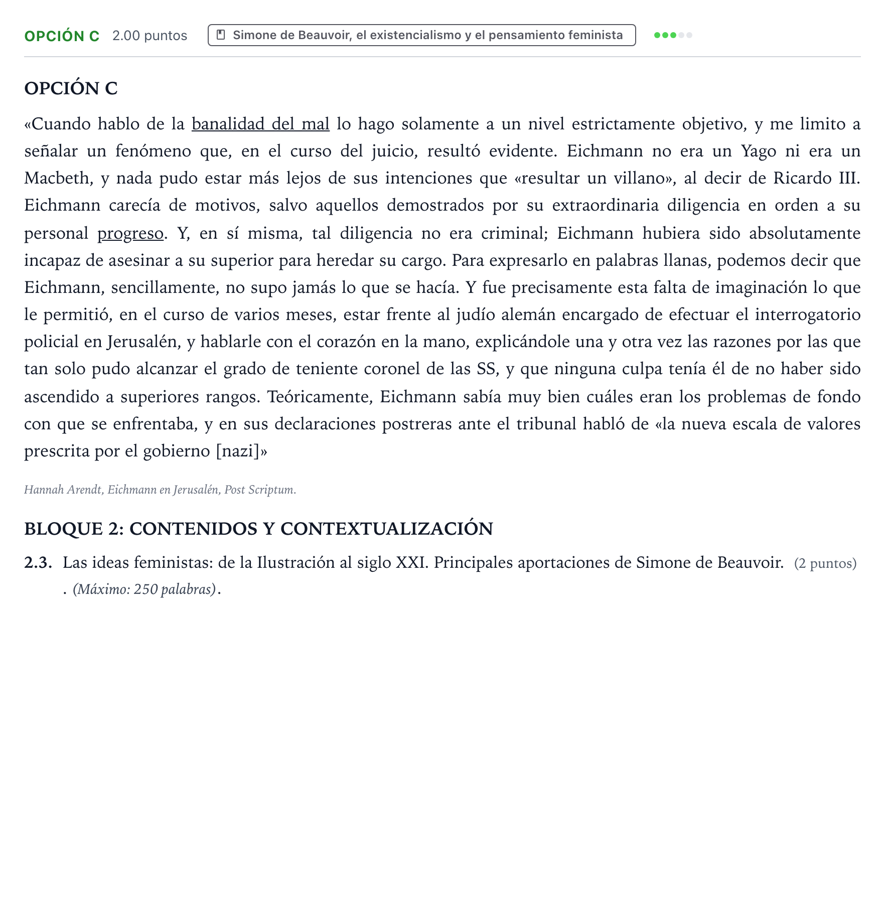 Enunciado: Opción C - Simone de Beauvoir · Historia de la Filosofía PAU País Vasco Extraordinaria 2024