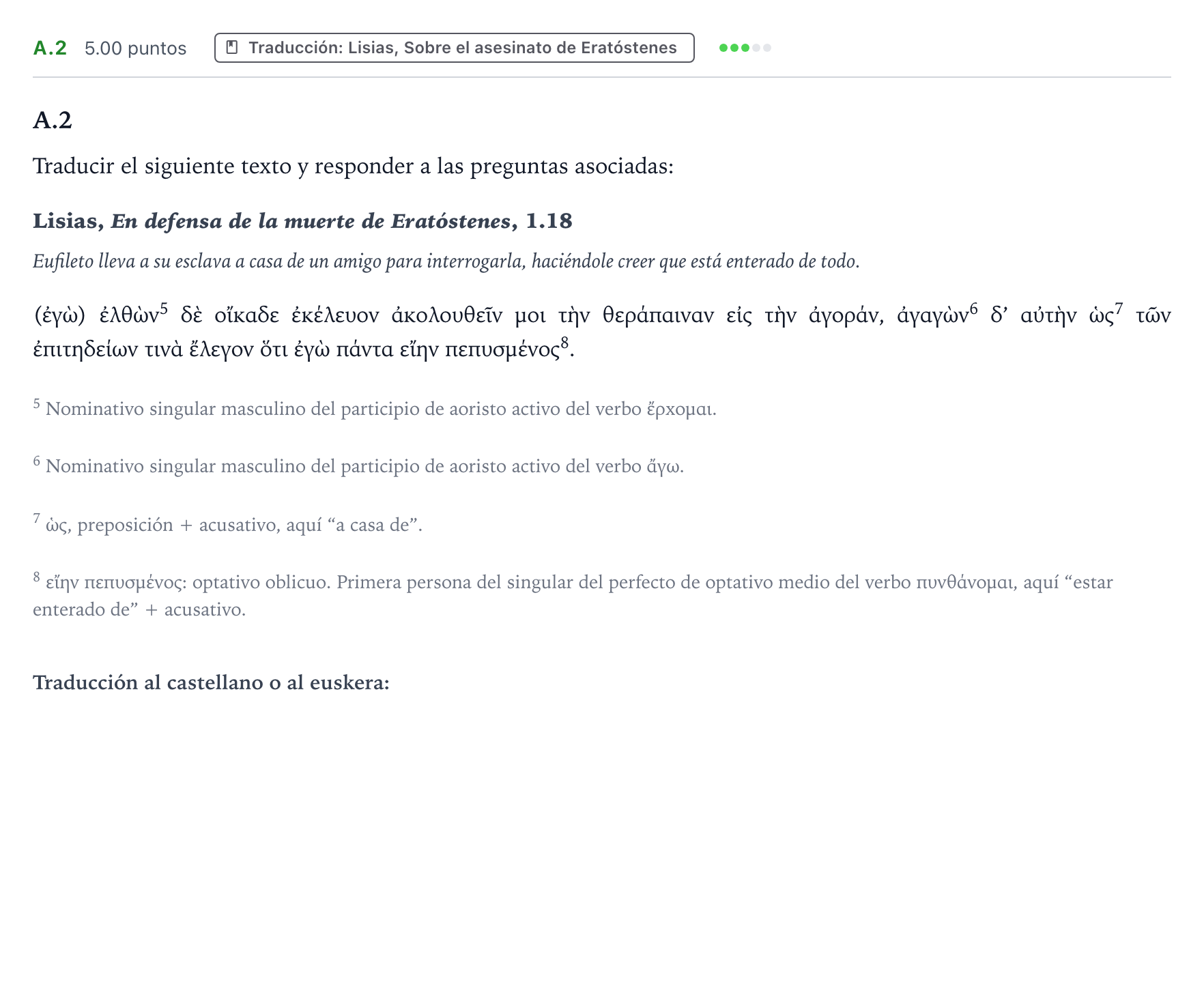 Enunciado: Ejercicio A.2 - Traducción · Griego II PAU País Vasco Ordinaria 2024