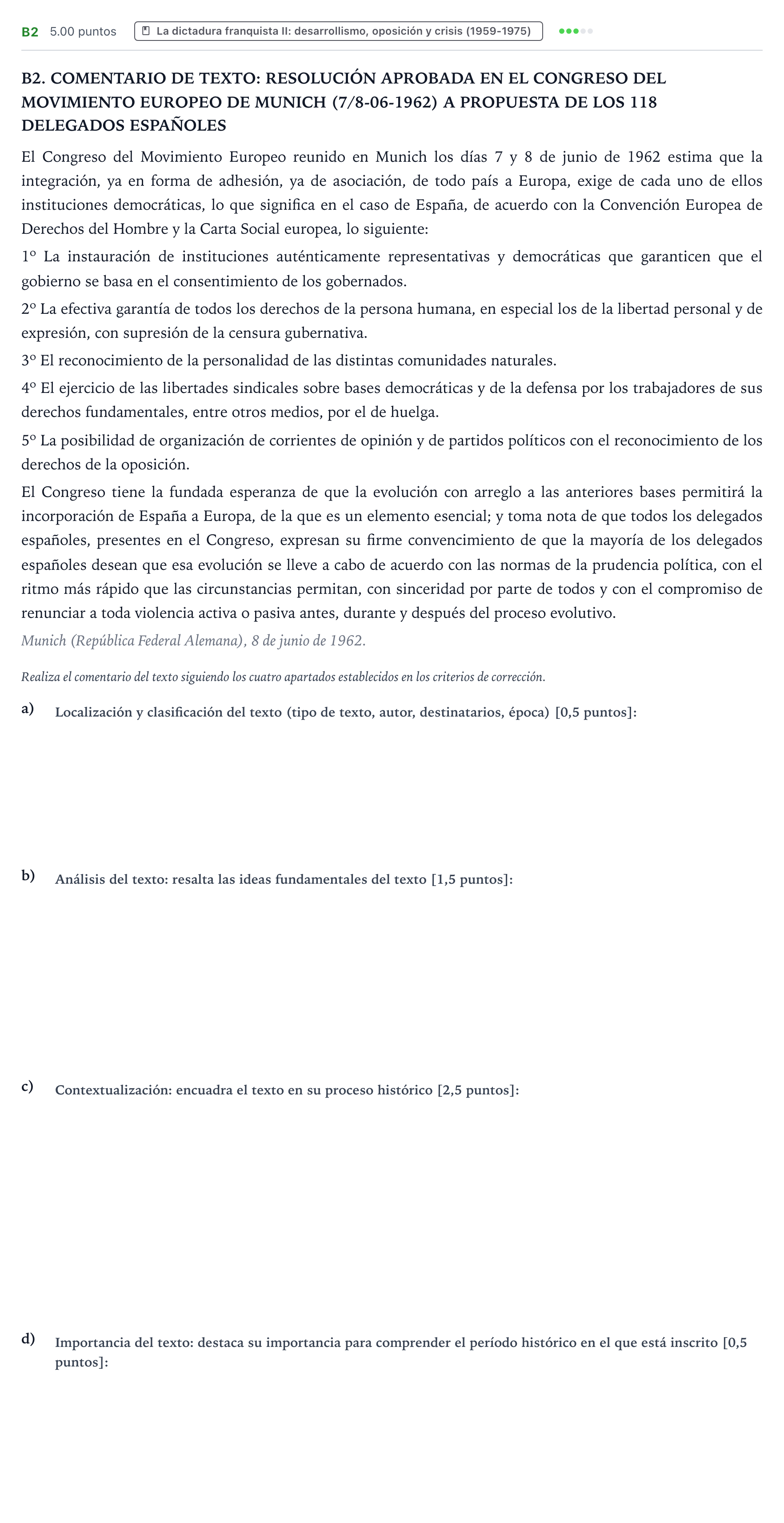 Enunciado: Ejercicio B2 · Historia de España PAU País Vasco Ordinaria 2024