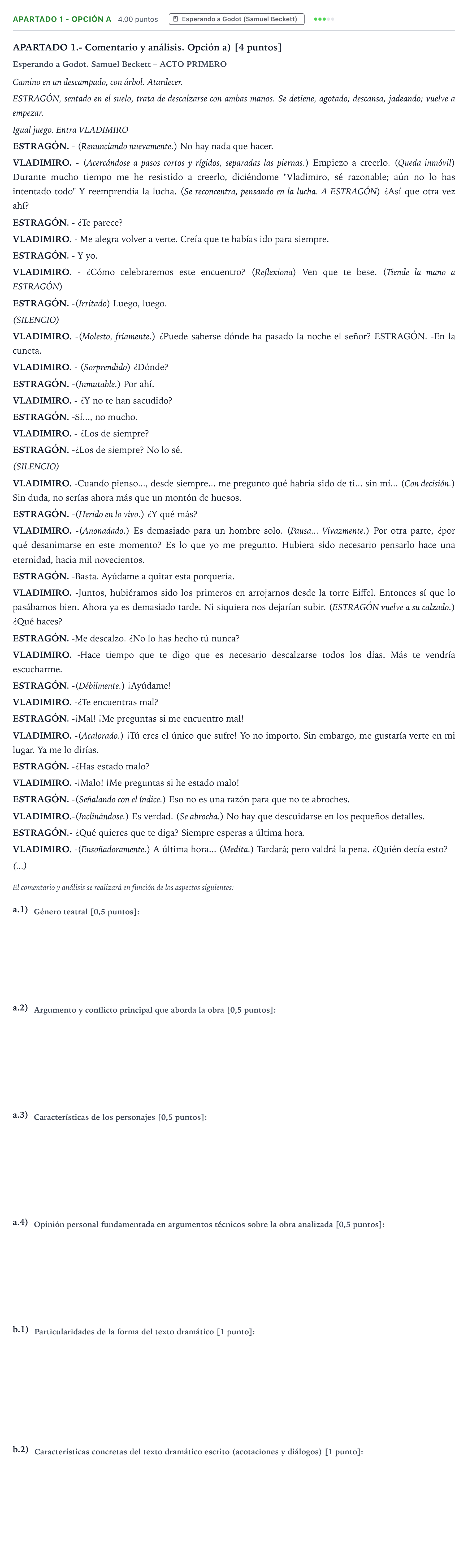 Enunciado: Apartado 1 - Opción a · Literatura Dramática PAU País Vasco Extraordinaria 2024