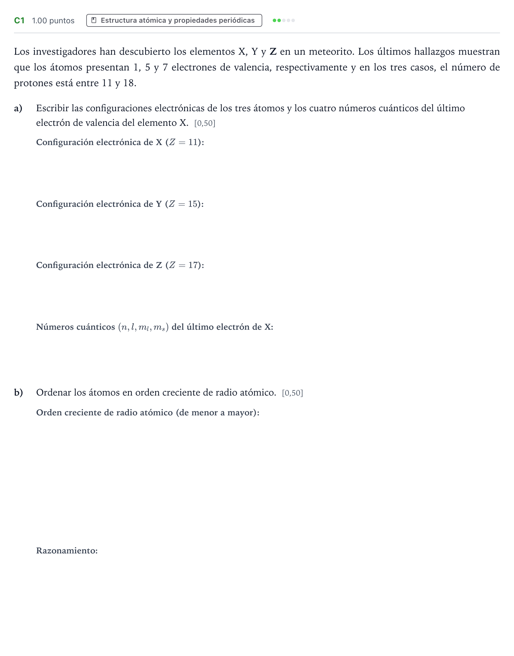 Enunciado: Ejercicio C1 - Estructura atómica y propiedades periódicas · Química PAU País Vasco Extraordinaria 2024