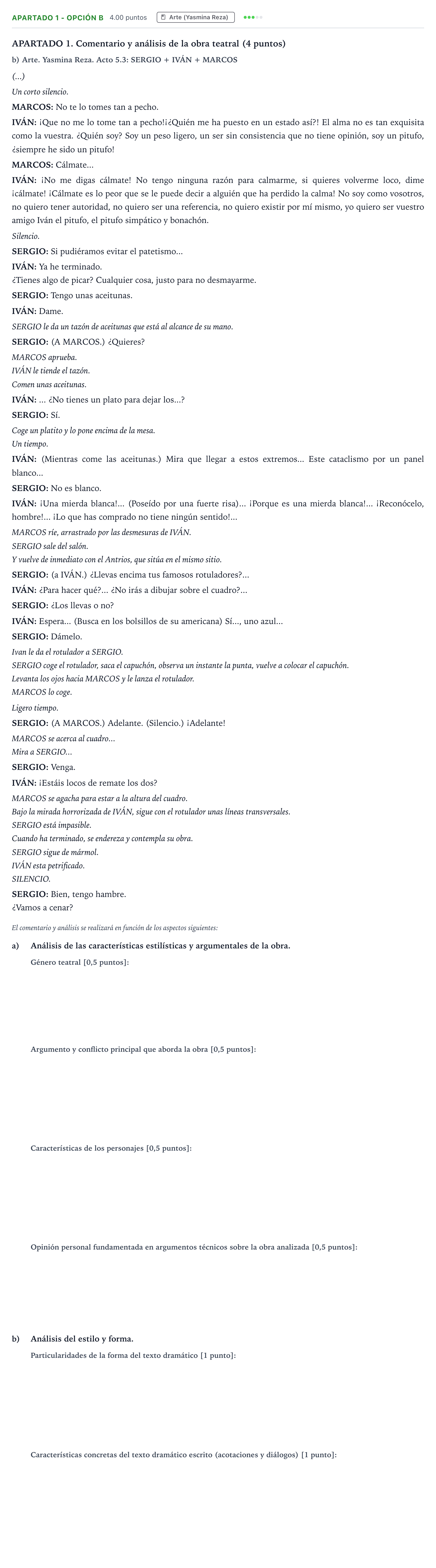 Enunciado: Apartado 1 - Opción b · Literatura Dramática PAU País Vasco Ordinaria 2024