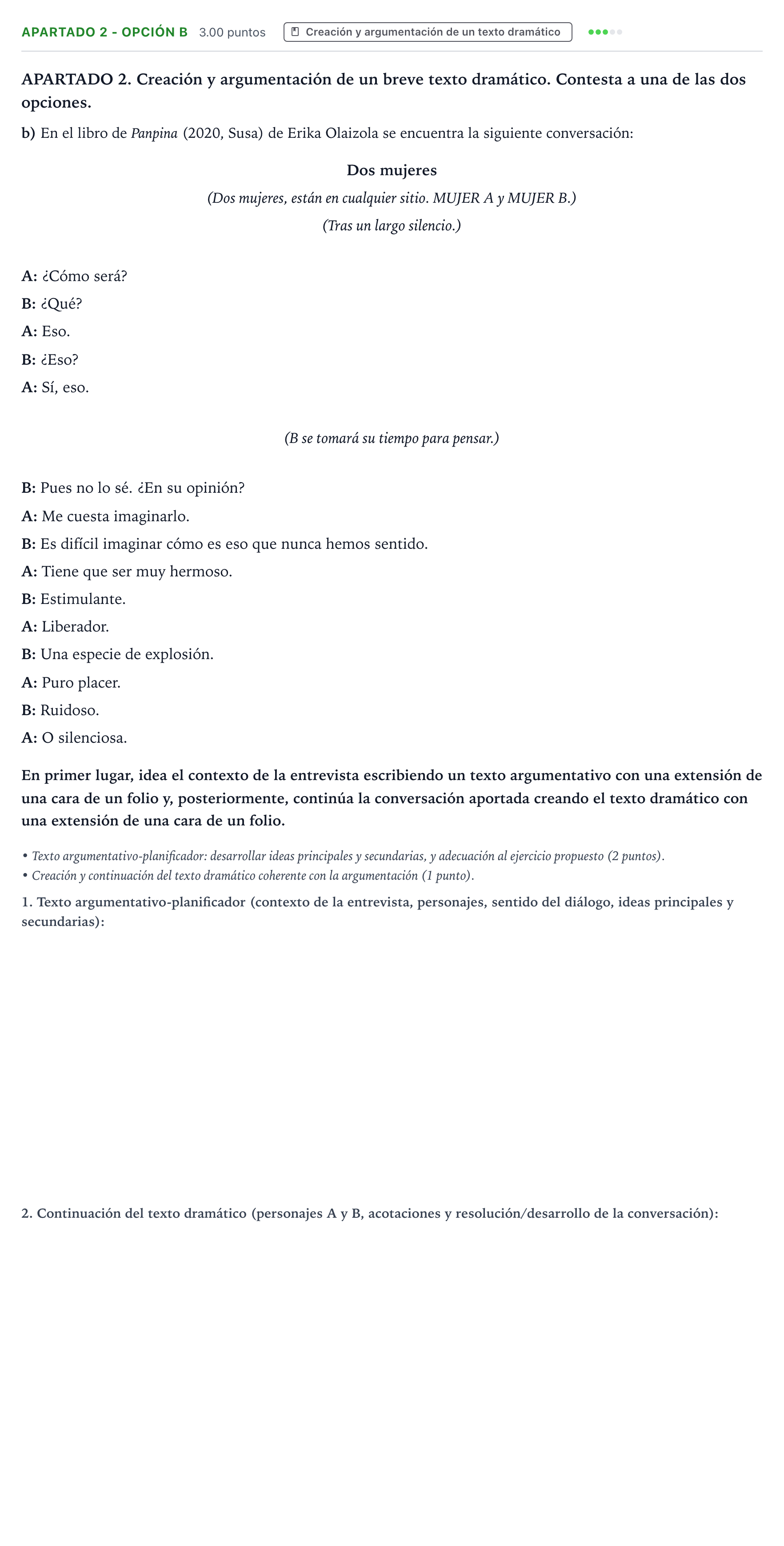 Enunciado: Apartado 2 - Opción b · Literatura Dramática PAU País Vasco Ordinaria 2024