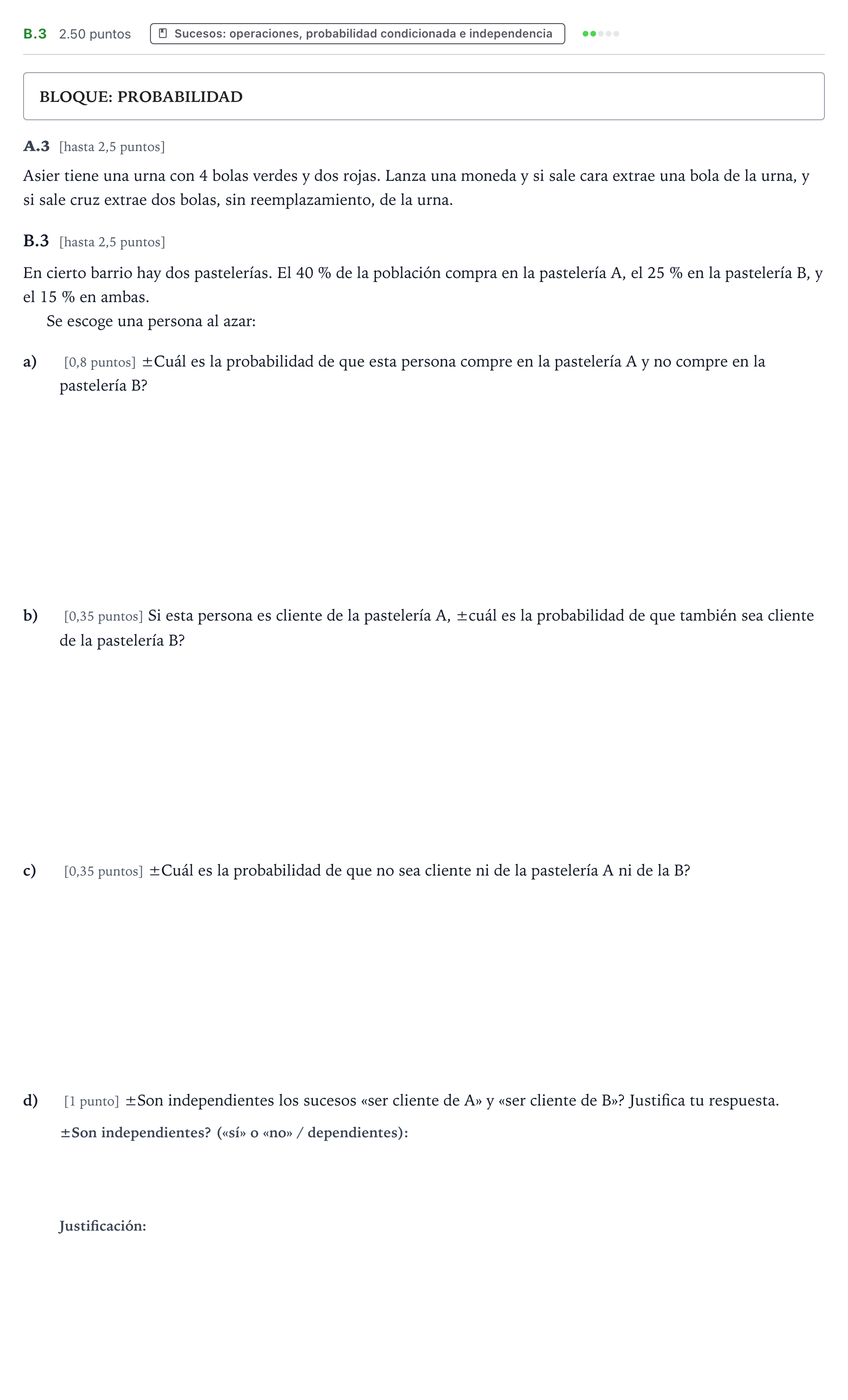 Enunciado: Ejercicio B.3 · Matemáticas aplicadas a las Ciencias Sociales II PAU País Vasco Ordinaria 2024