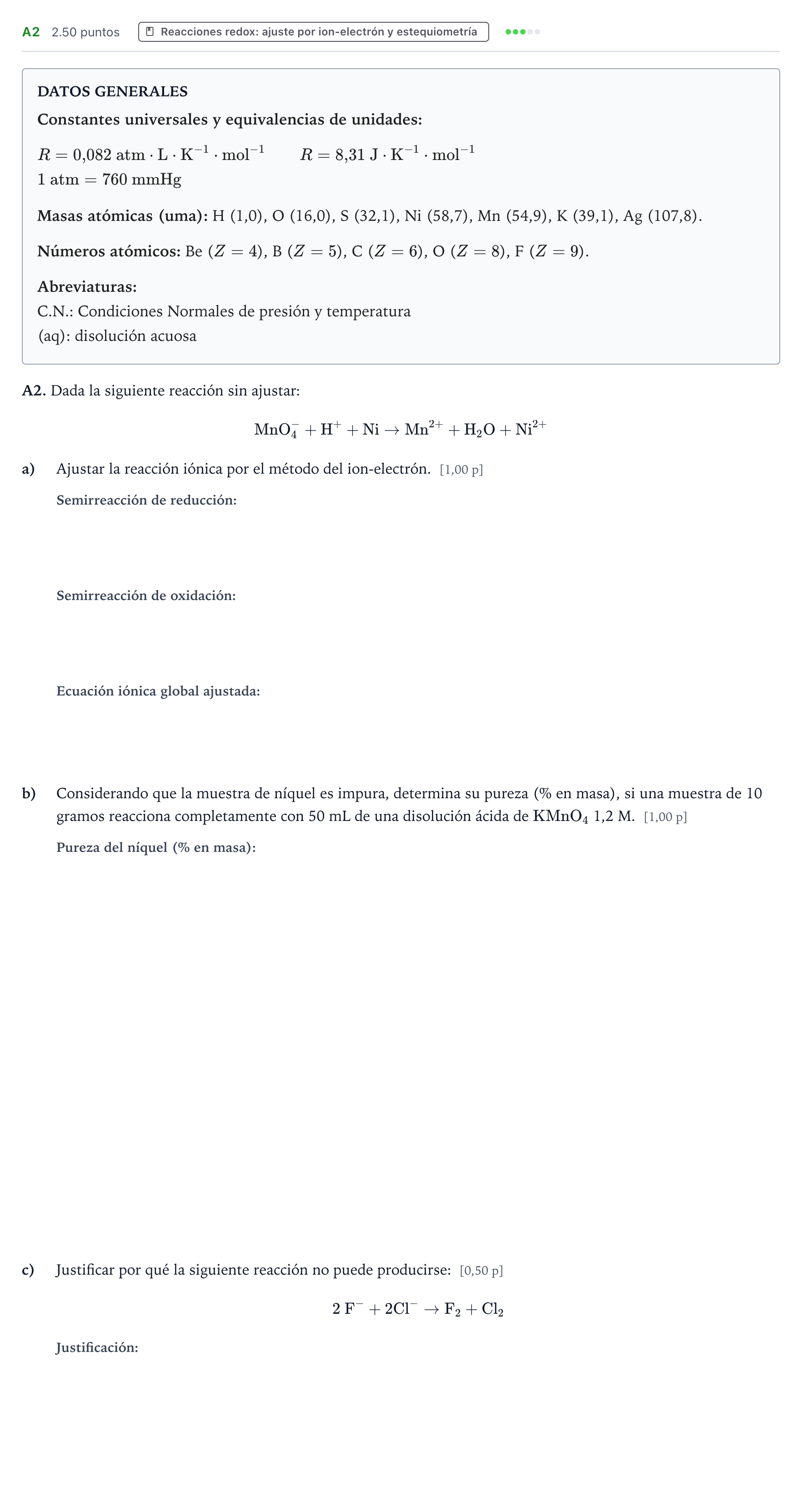 Enunciado: Ejercicio A2 · Química PAU País Vasco Ordinaria 2024
