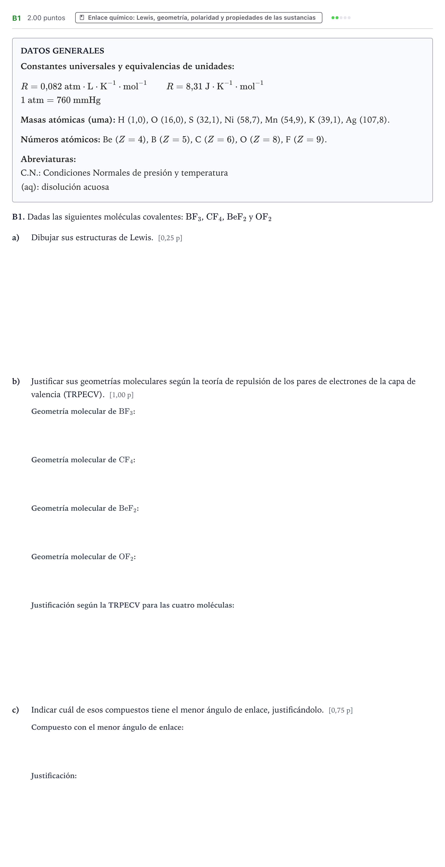 Enunciado: Ejercicio B1 · Química PAU País Vasco Ordinaria 2024