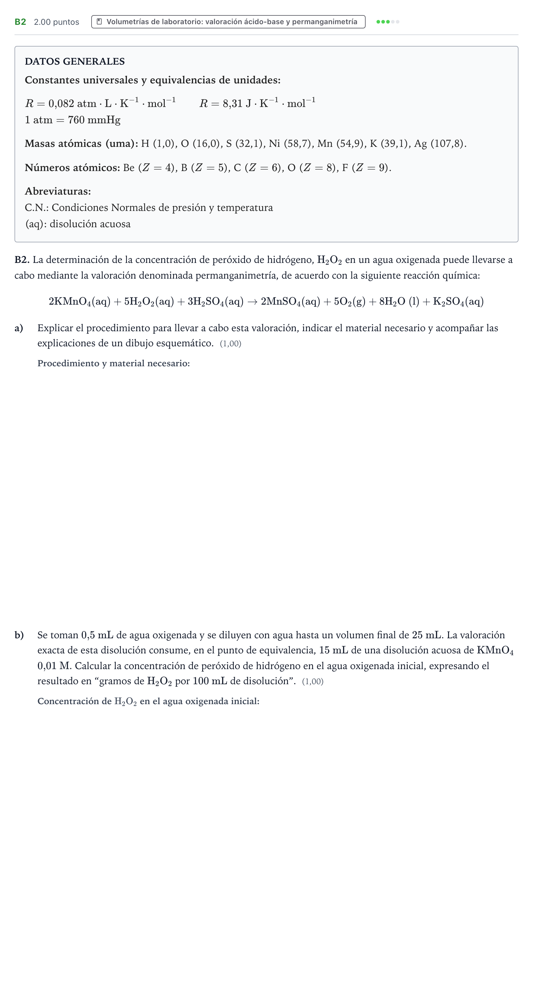 Enunciado: Ejercicio B2 · Química PAU País Vasco Ordinaria 2024