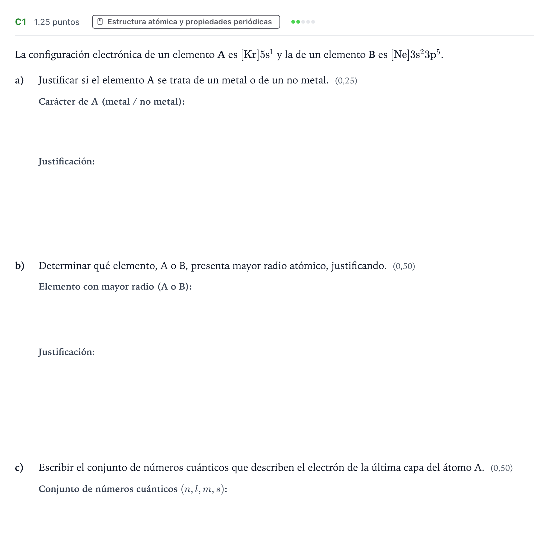 Enunciado: Ejercicio C1 - Estructura atómica y propiedades periódicas · Química PAU País Vasco Ordinaria 2024