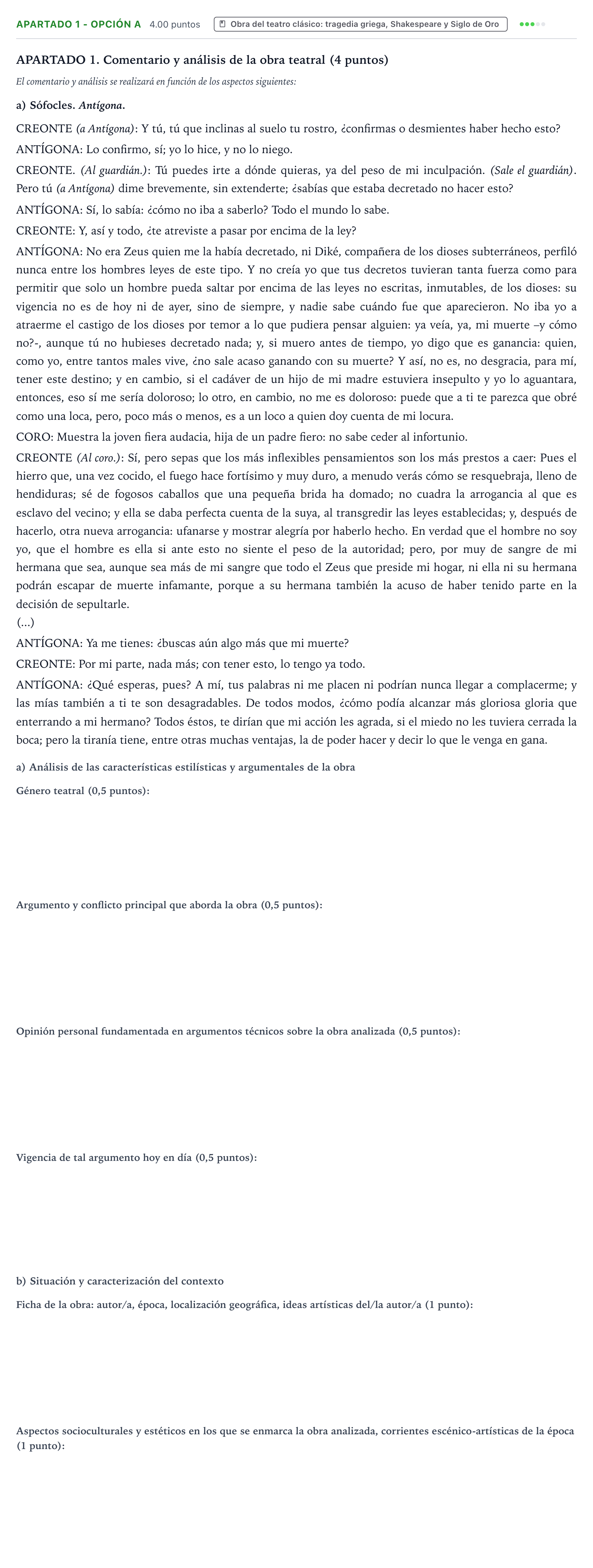 Enunciado: Apartado 1 - Opción A · Artes Escénicas PAU País Vasco Extraordinaria 2022