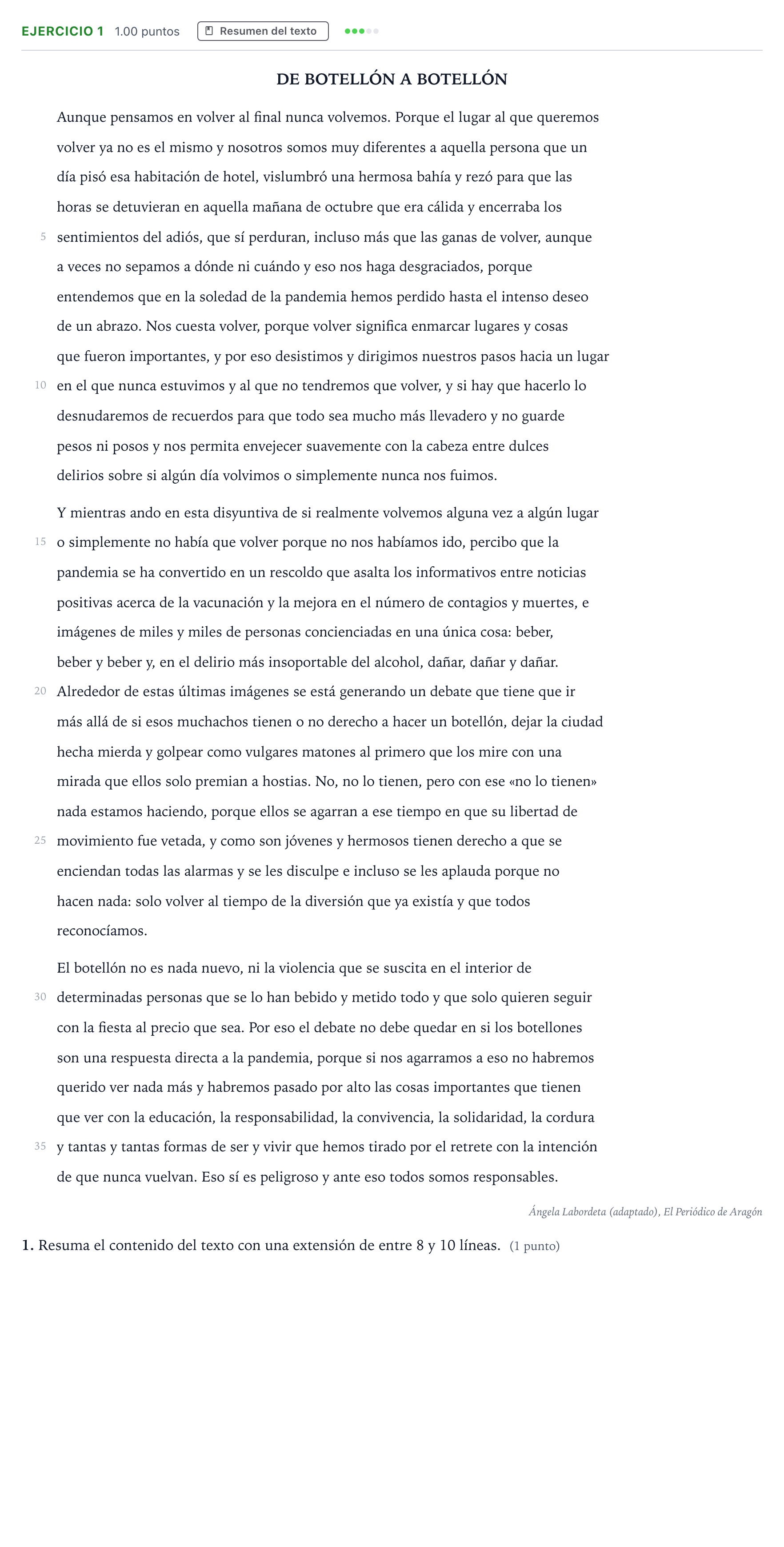 Enunciado: Problema 1 · Lengua Castellana y Literatura II PAU País Vasco Extraordinaria 2022