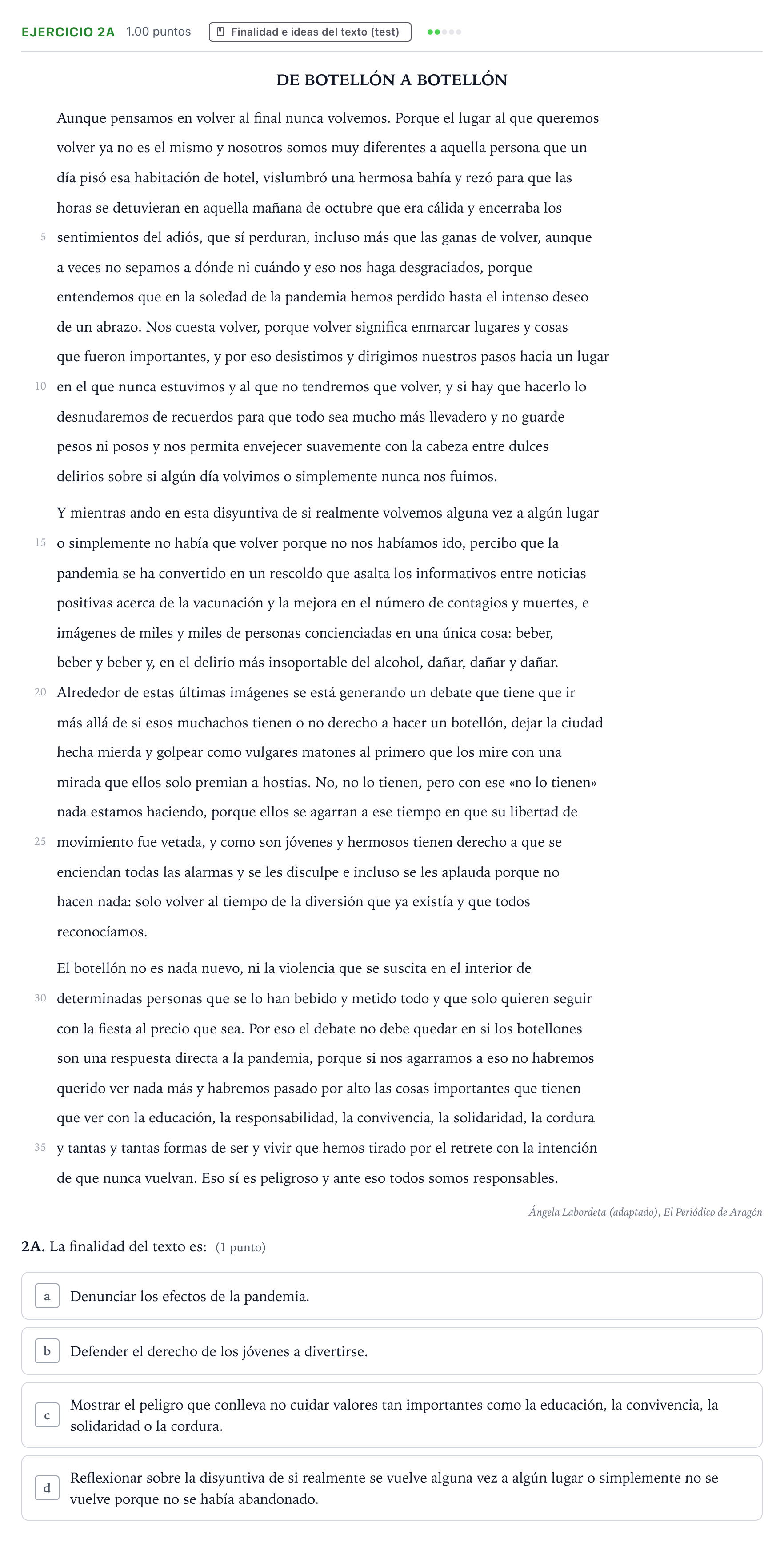 Enunciado: Ejercicio 2A · Lengua Castellana y Literatura II PAU País Vasco Extraordinaria 2022