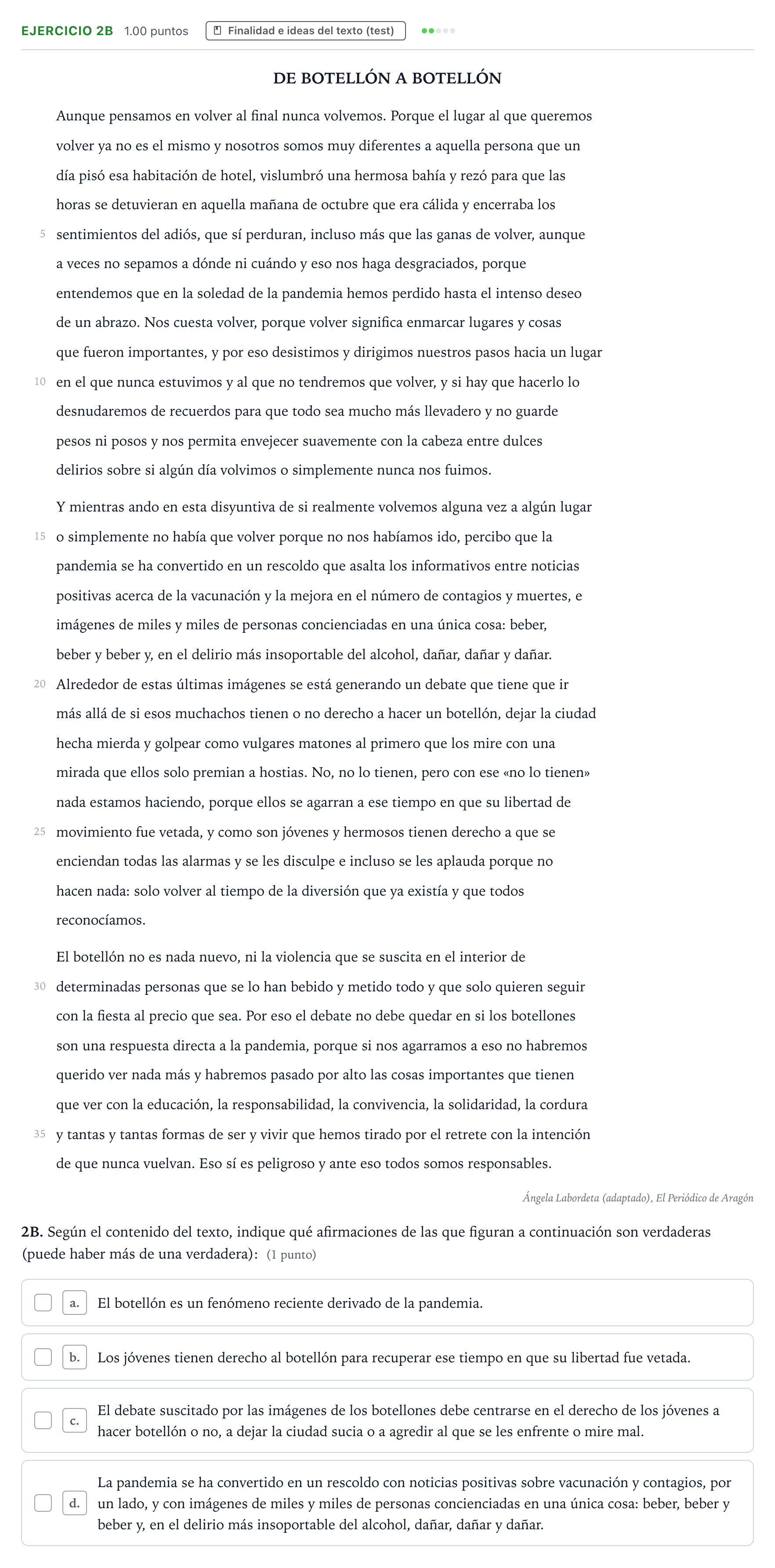 Enunciado: Ejercicio 2B · Lengua Castellana y Literatura II PAU País Vasco Extraordinaria 2022
