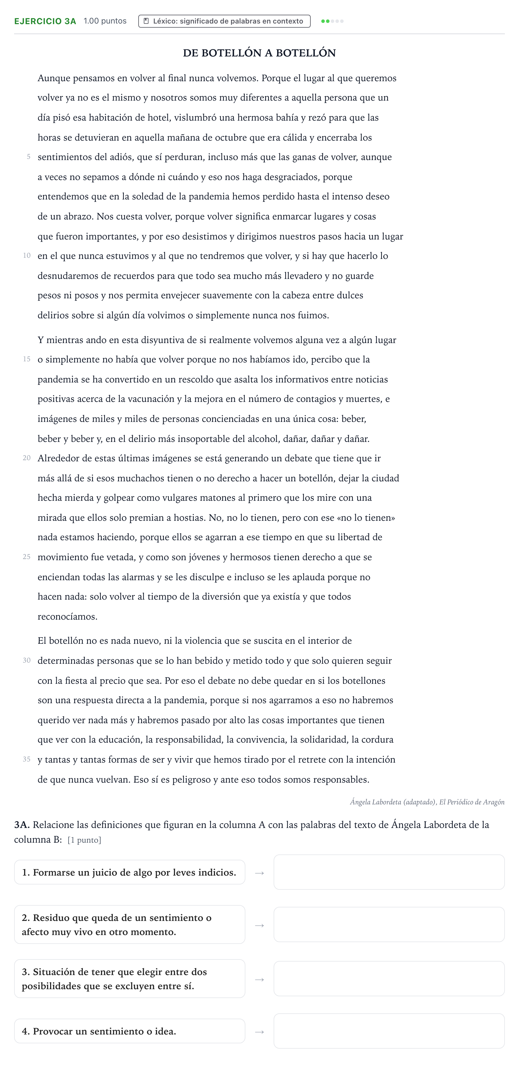Enunciado: Ejercicio 3A · Lengua Castellana y Literatura II PAU País Vasco Extraordinaria 2022