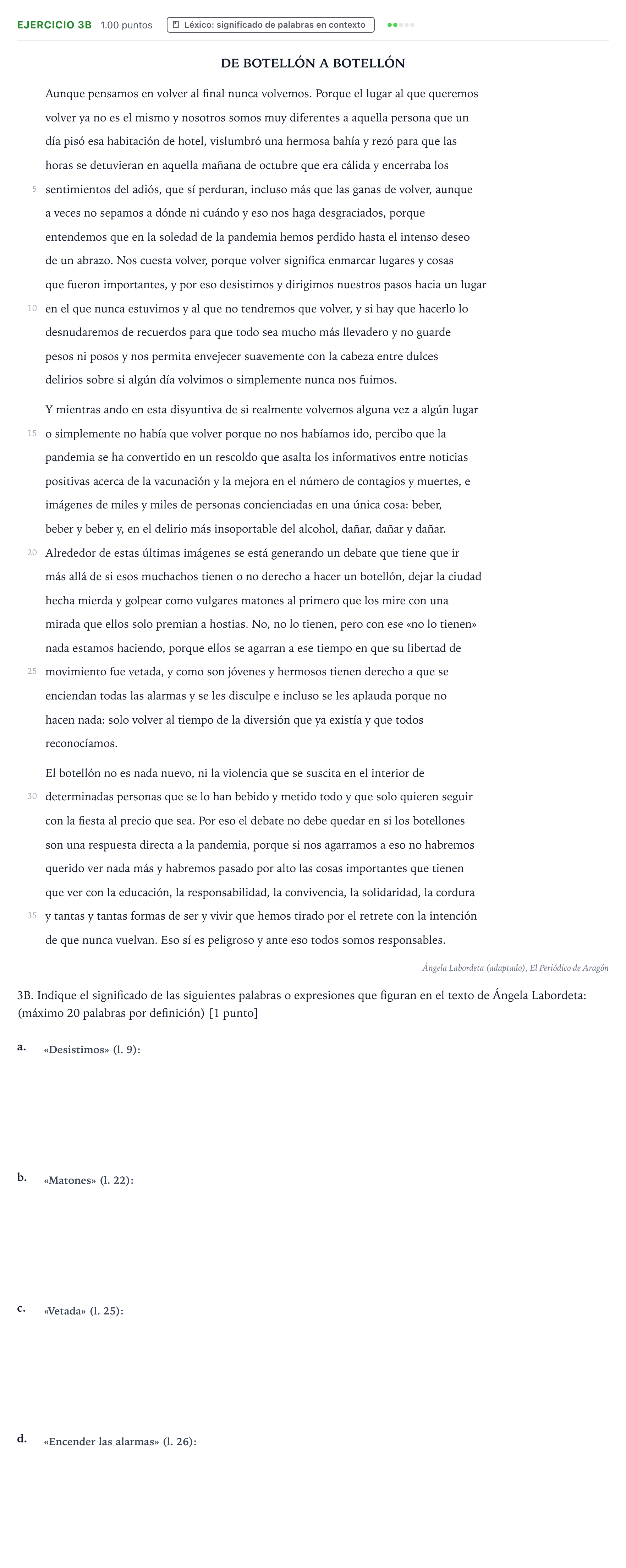 Enunciado: Ejercicio 3B · Lengua Castellana y Literatura II PAU País Vasco Extraordinaria 2022