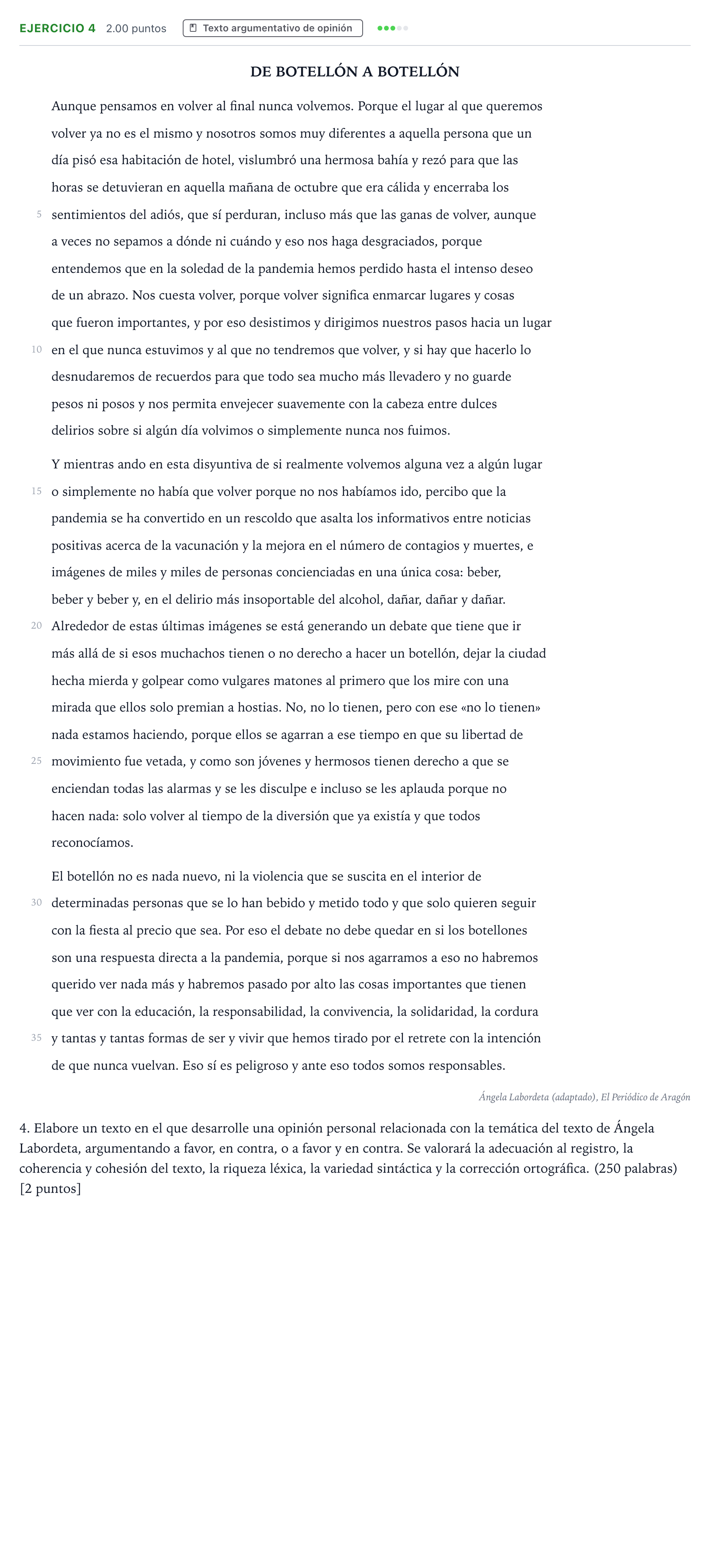 Enunciado: Problema 4 · Lengua Castellana y Literatura II PAU País Vasco Extraordinaria 2022