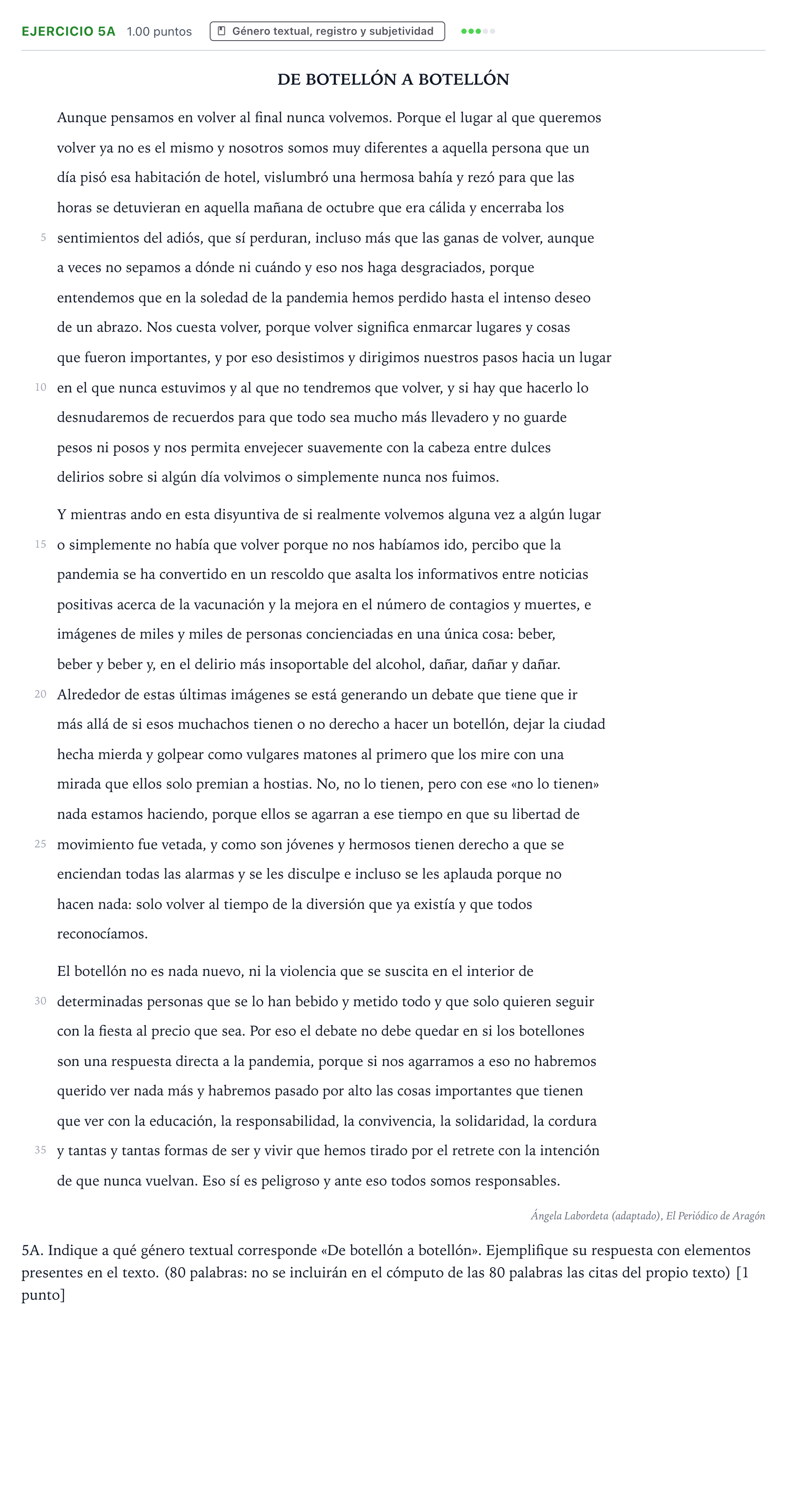 Enunciado: Ejercicio 5A · Lengua Castellana y Literatura II PAU País Vasco Extraordinaria 2022