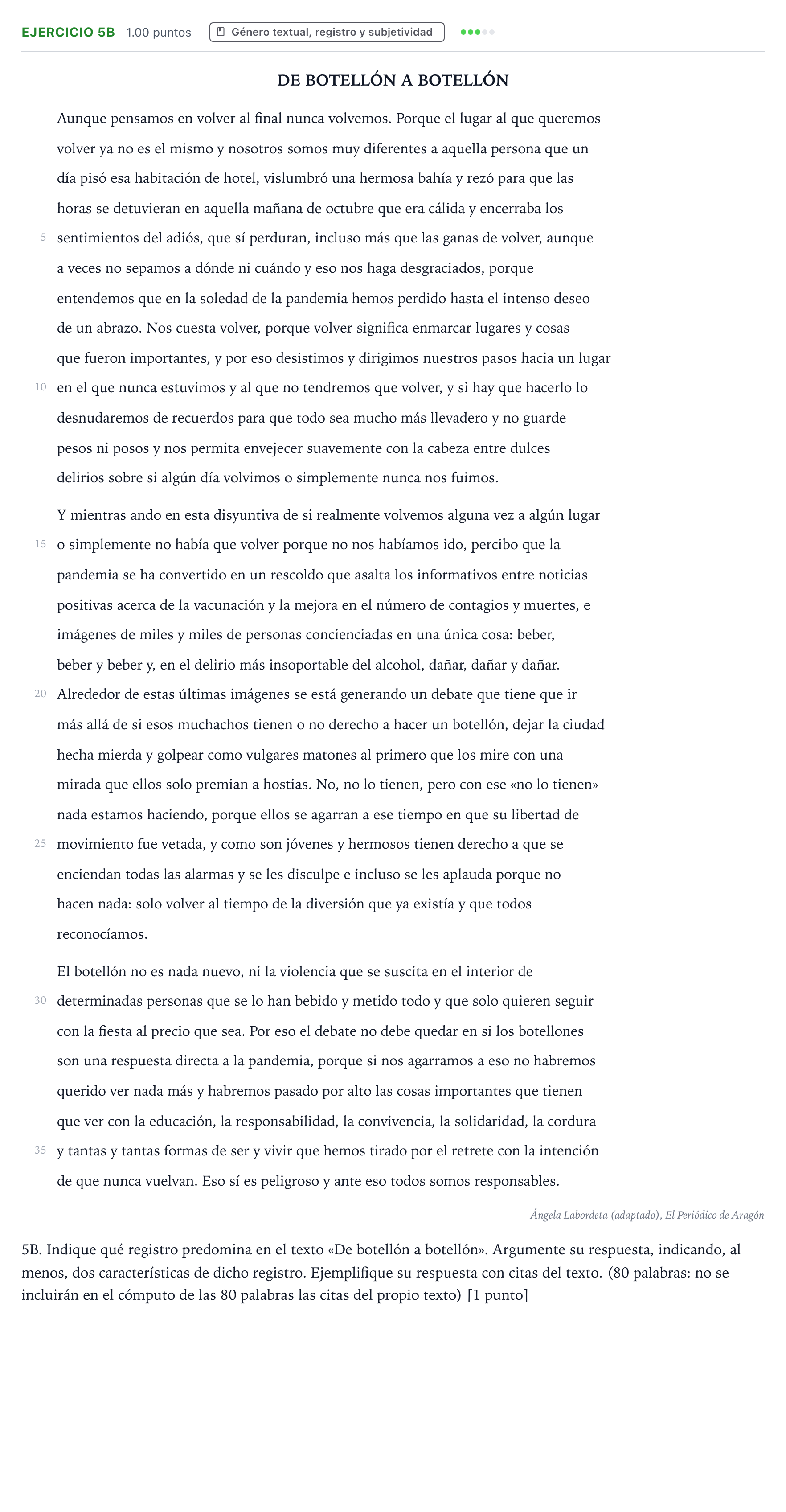 Enunciado: Ejercicio 5B · Lengua Castellana y Literatura II PAU País Vasco Extraordinaria 2022